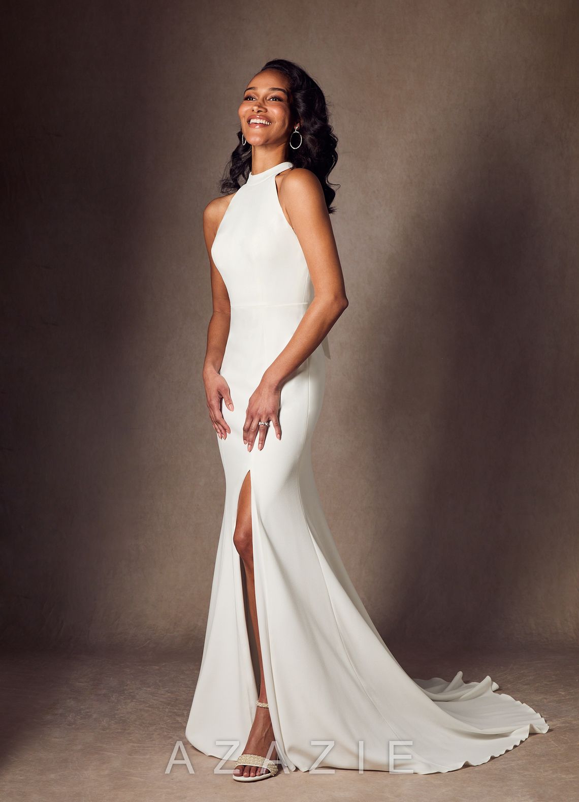Azazie Aerith Wedding Dress Diamond White Sheath Bow Stretch Crepe Dress diamond_white