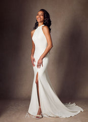 Azazie Aerith Wedding Dress Diamond White Sheath Bow Stretch Crepe Dress diamond_white