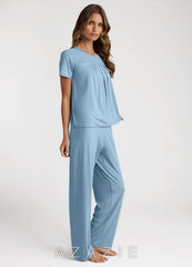 Bamboo Fiber Pleated T-Shirt and Pants Pajama Set  sky_blue