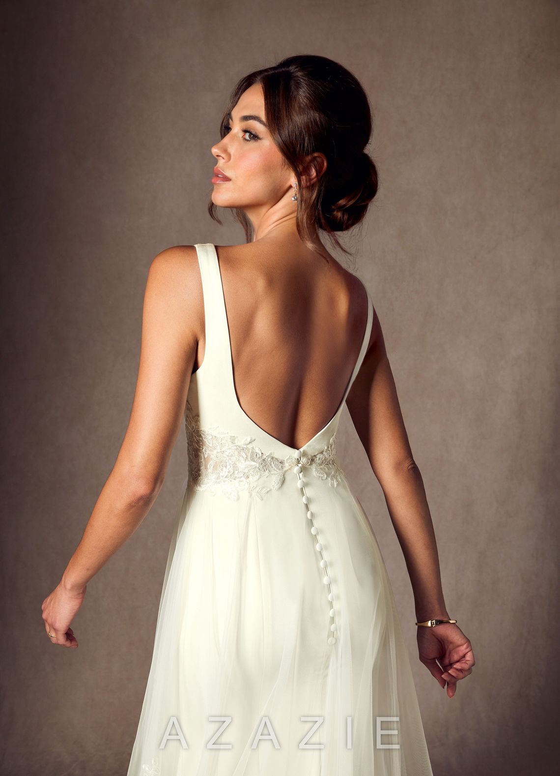 Azazie Ebony Wedding Dress Cream A-Line Sequins Crepe Back Satin Dress cream