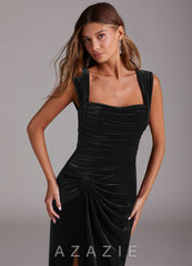 Azazie Genesis Black Sheath Pleated Velvet Dress black