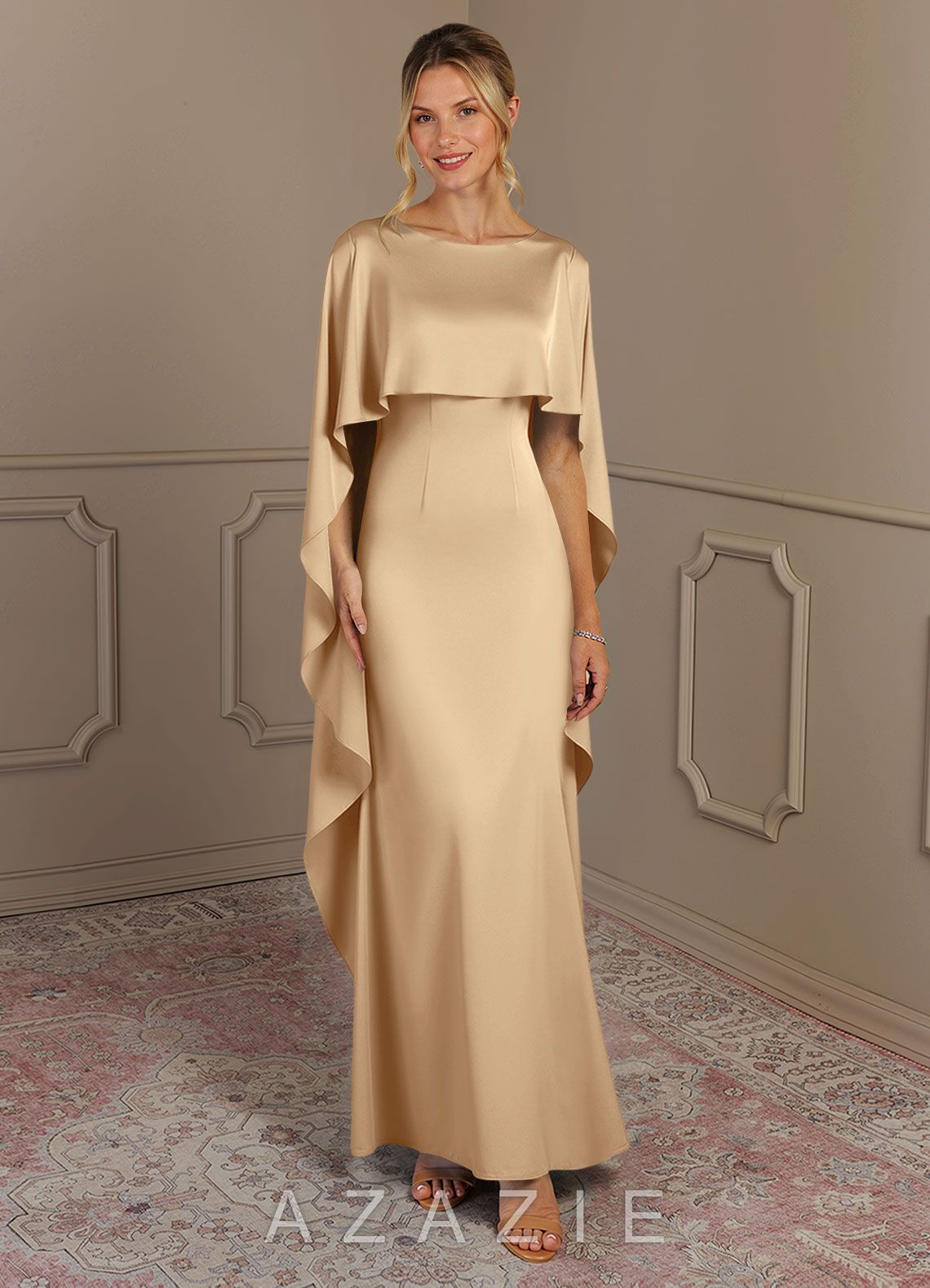Azazie Eli Champagne Sheath Boatneck Stretch Satin Dress