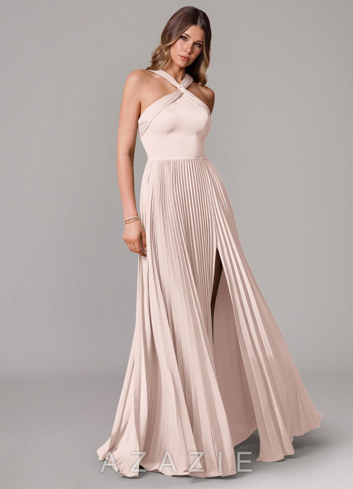 Azazie Afra Blushing Pink A-Line Pleated Stretch Satin Dress