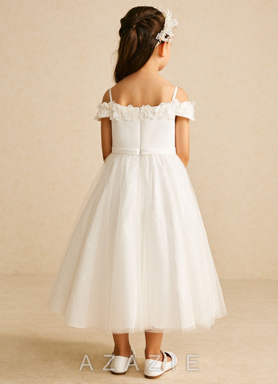 Azazie Patsie Ivory A-Line Off the Shoulder Tulle Dress ivory