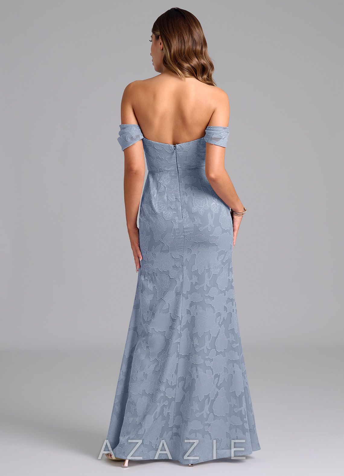 Azazie Saige Dusty Blue A-Line Off the Shoulder Floral Burnout Convertible Dress dusty_blue