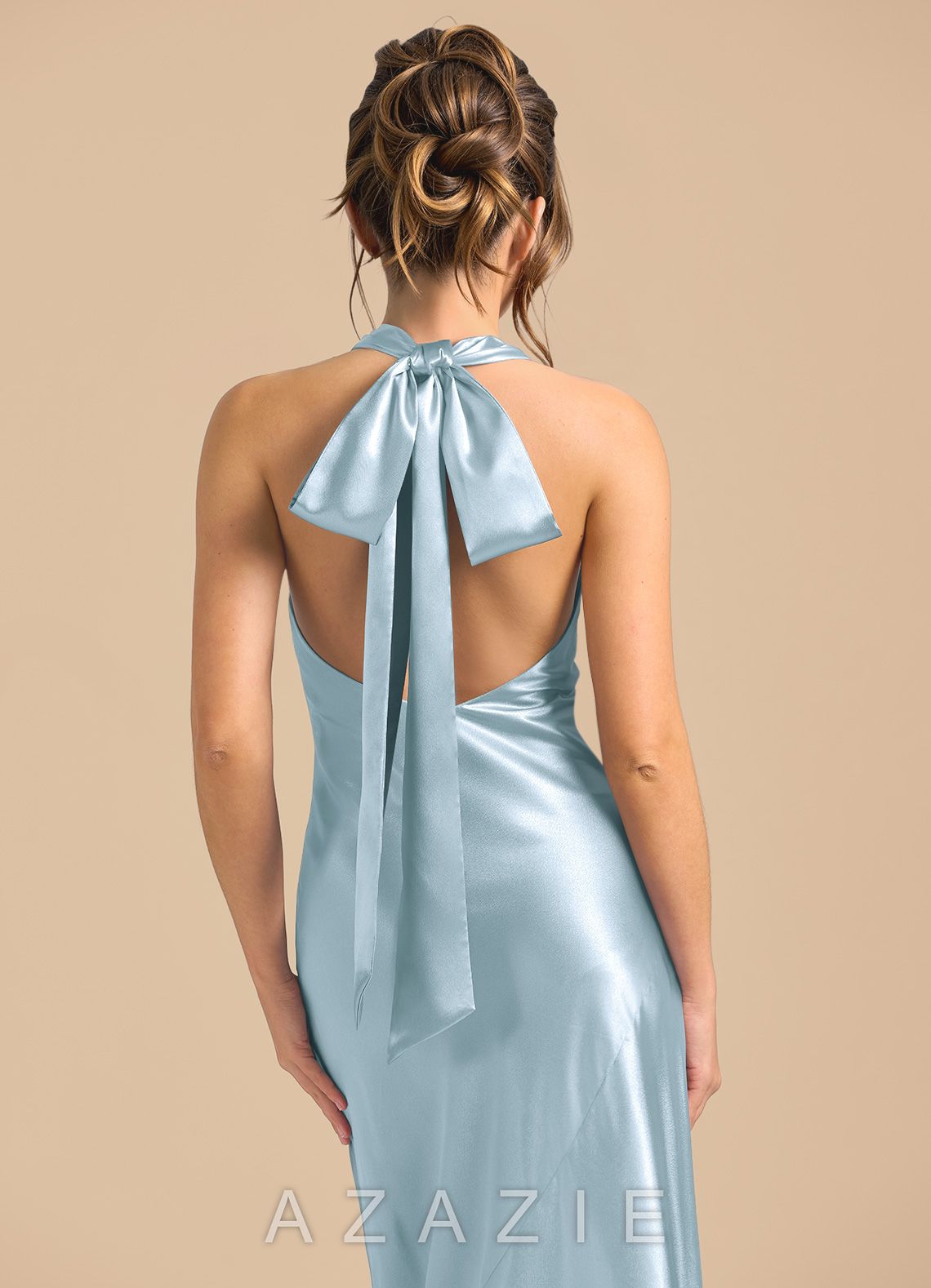 Azazie Velli Sky Blue Sheath High Neck Metallic Satin Dress sky_blue