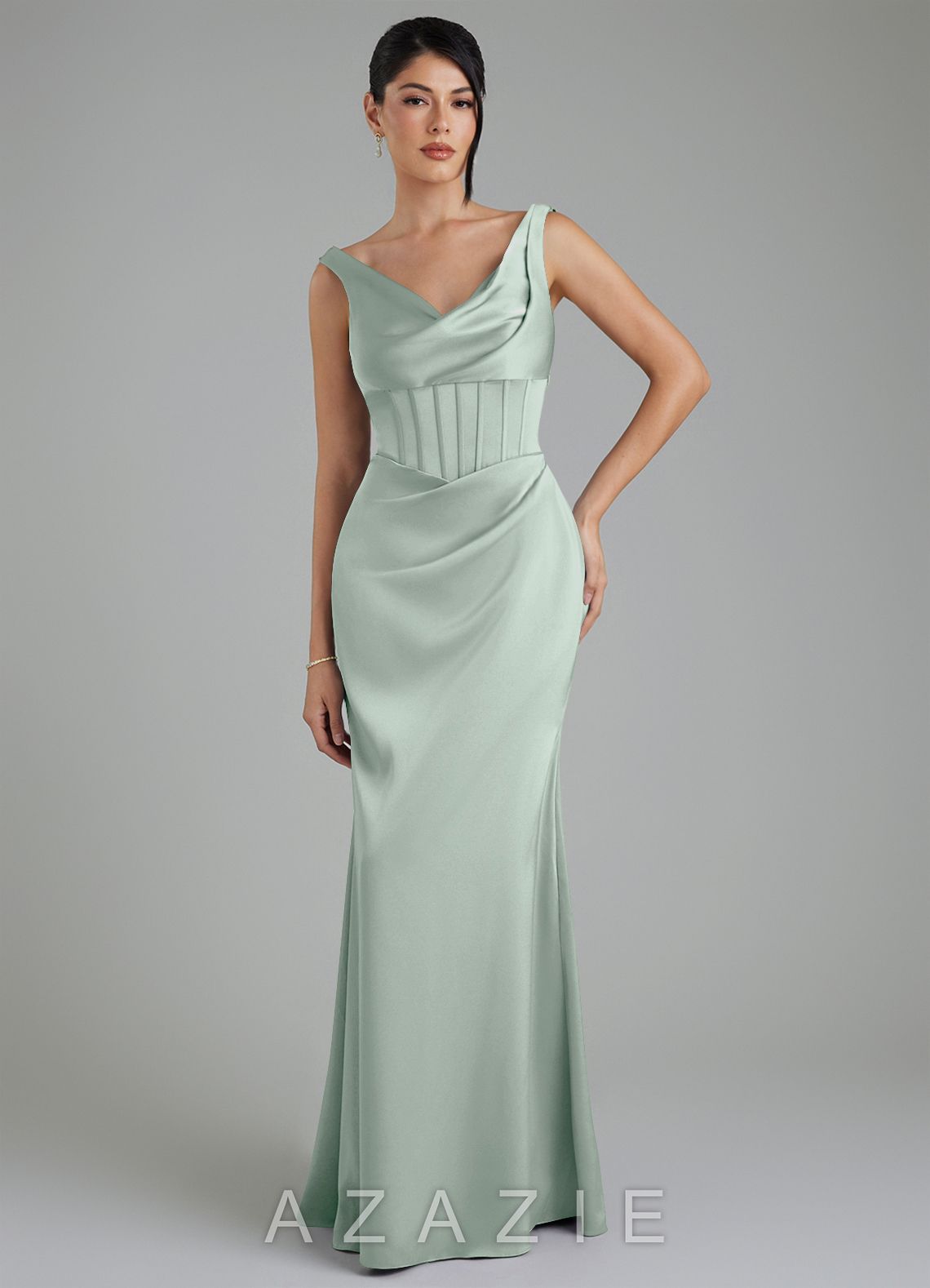 Azazie Spencer Agave Mermaid Pleated Stretch Satin Dress