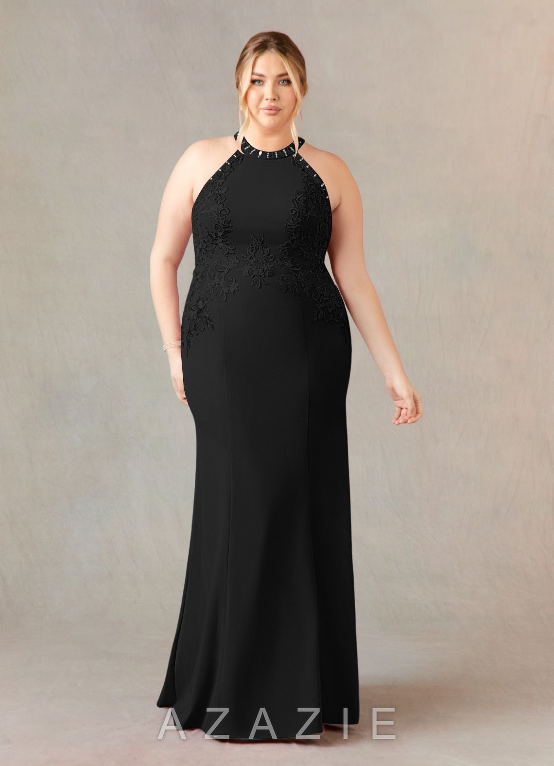 Azazie Tyra Black Mermaid Halter Lace Stretch Crepe Dress black