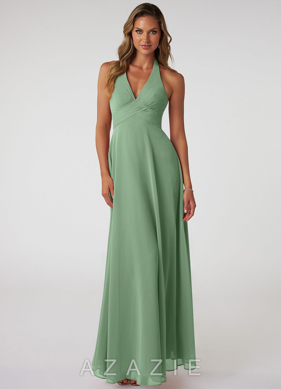 Azazie Tessie Matcha A-Line V-Neck Pleated Chiffon Dress