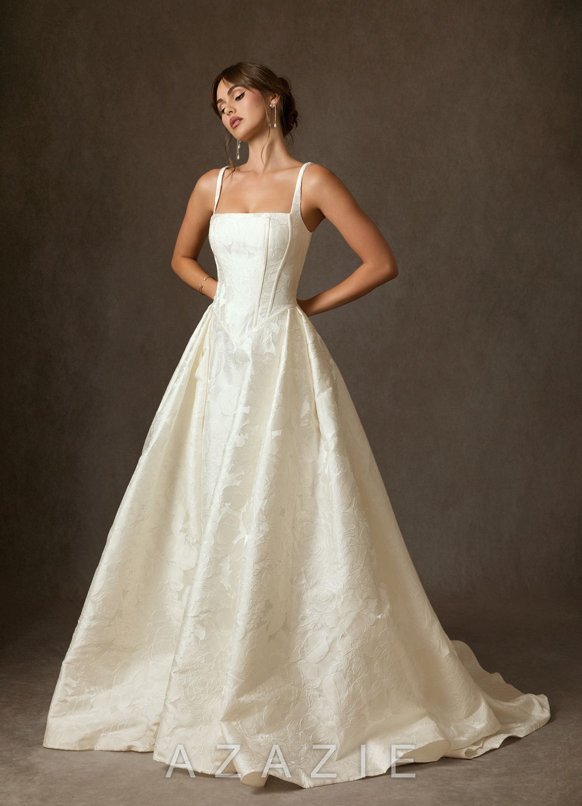 Azazie Delvina Antique White Ball-Gown with Pockets Floral Jacquard Dress antique_white