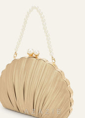 Matching Color Metallic Satin Shell-Shape Pleated Clutch Bag