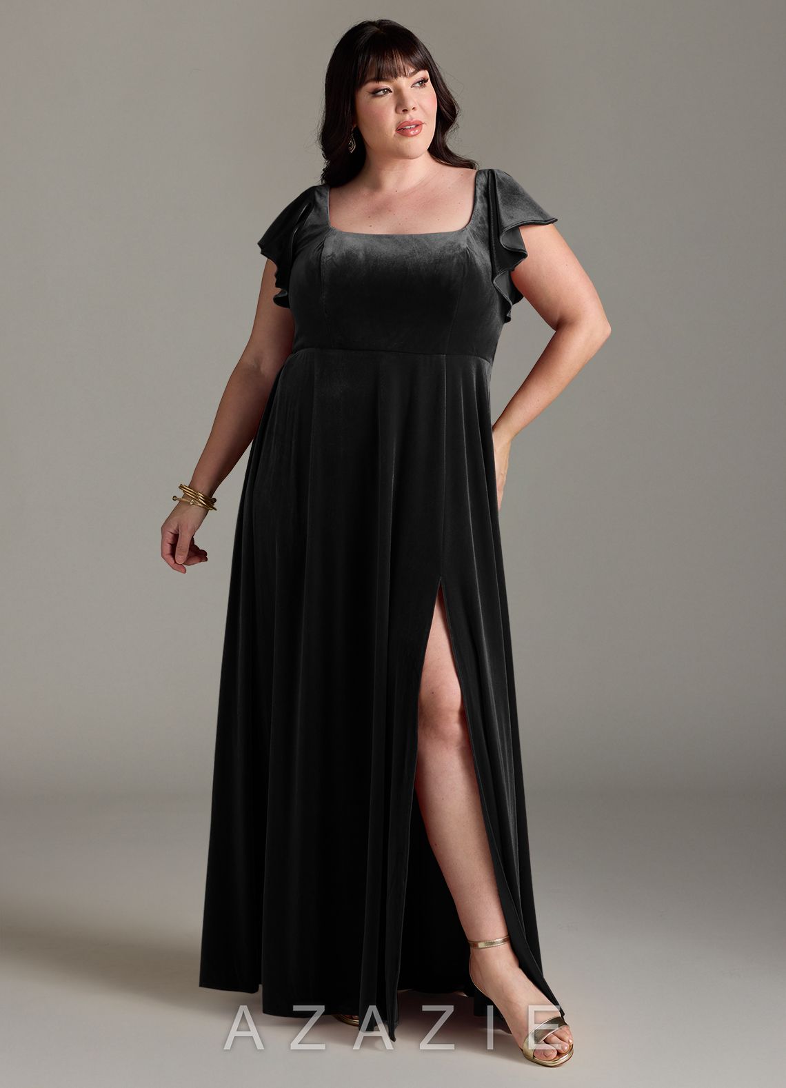 Azazie Bondi Black A-Line Side Slit Velvet Dress black