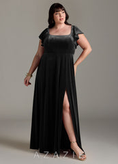 Azazie Bondi Black A-Line Side Slit Velvet Dress black