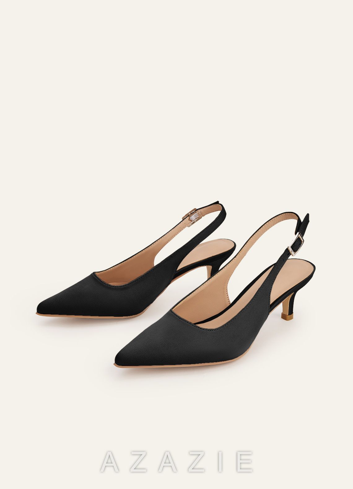 Matching Color Matte Satin Pointed Toe Slingback Kitten Heel