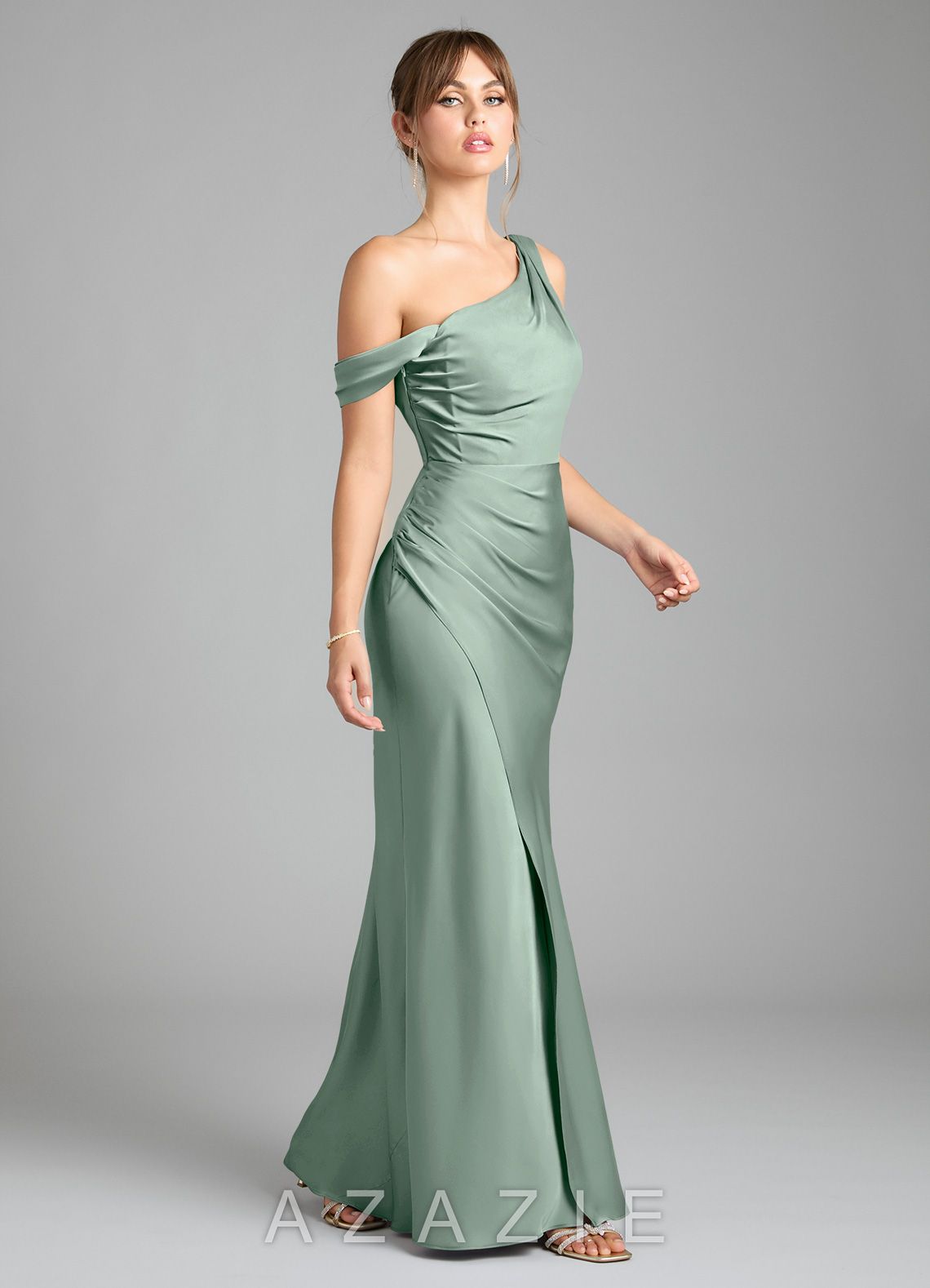 Azazie Madelyn Agave Mermaid One Shoulder Stretch Satin Convertible Dress agave