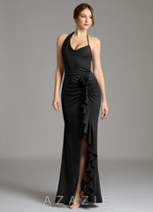 Azazie Gwyneth Black Mermaid Pleated Premium Stretch Jersey Dress