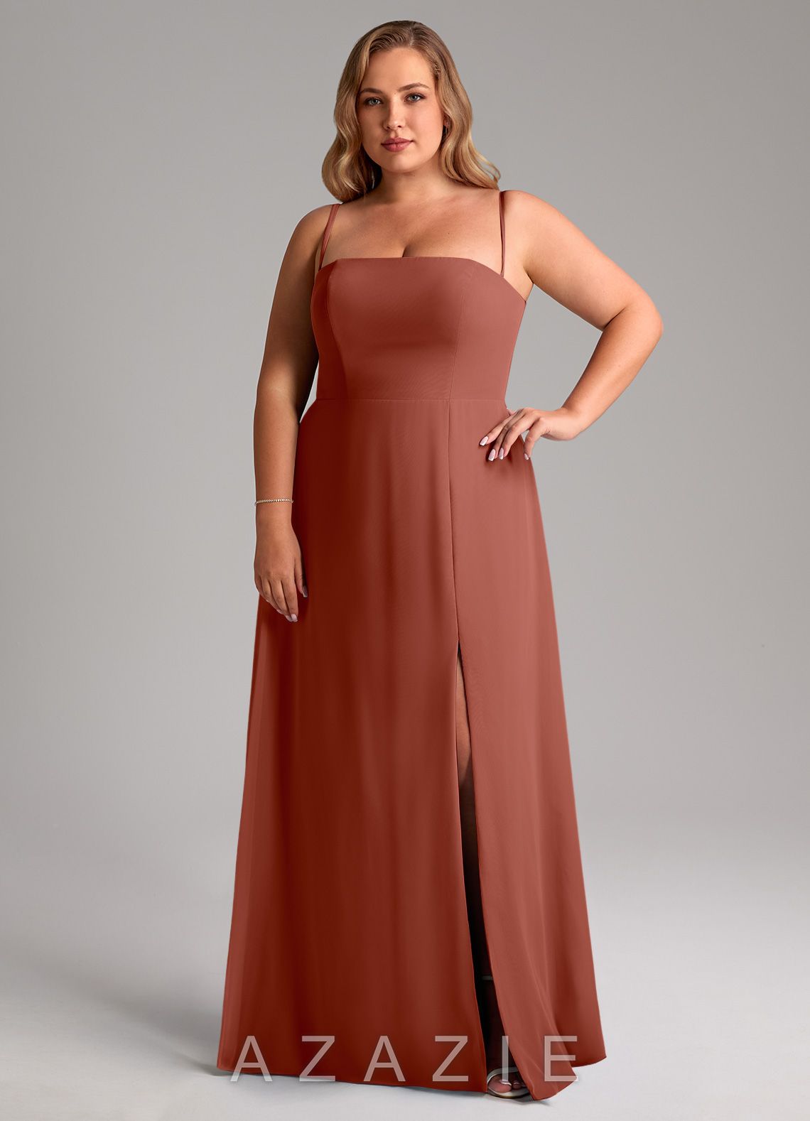 Azazie Wren Auburn A-Line Side Slit Chiffon Convertible Dress auburn