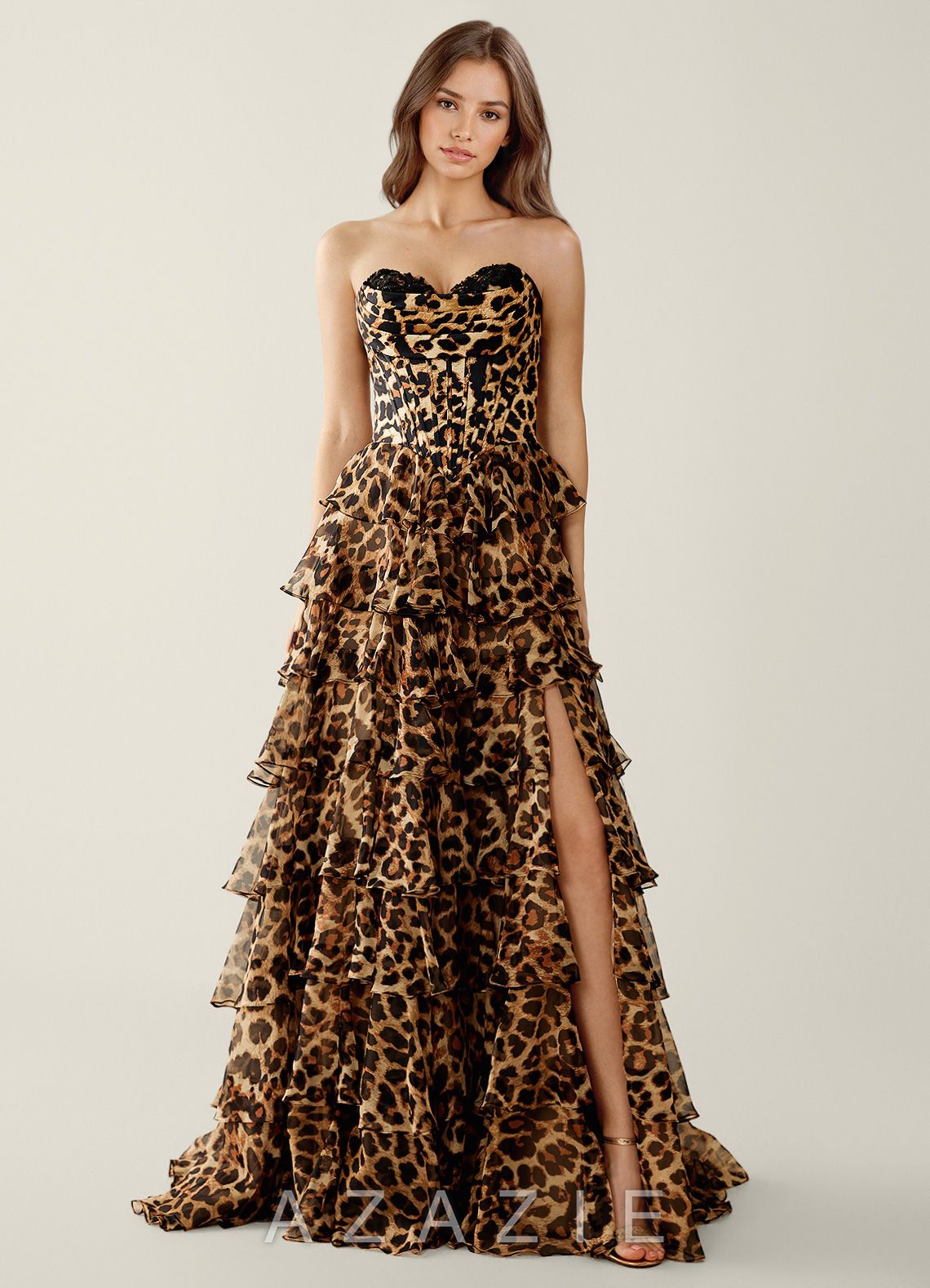 Samara Brown Leopard Ruffled A-Line Prom Dress