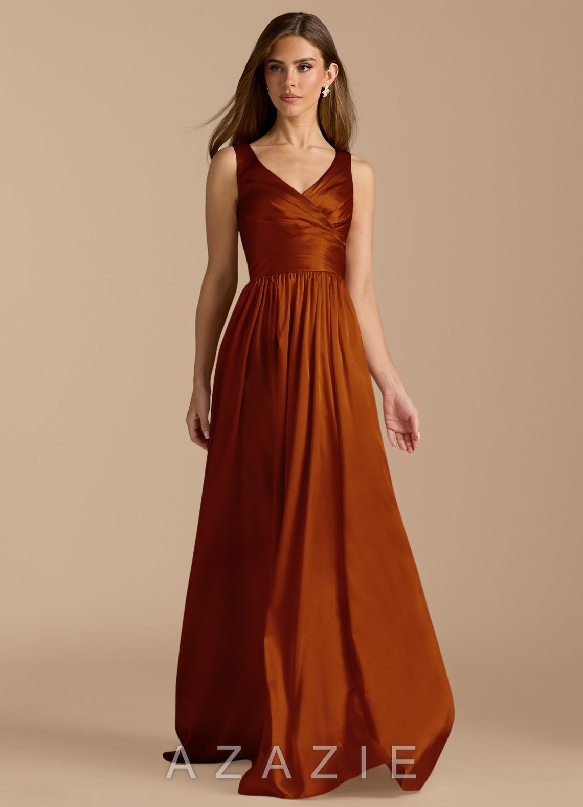 Azazie Keyla Auburn A-Line Pleated Metallic Satin Dress auburn