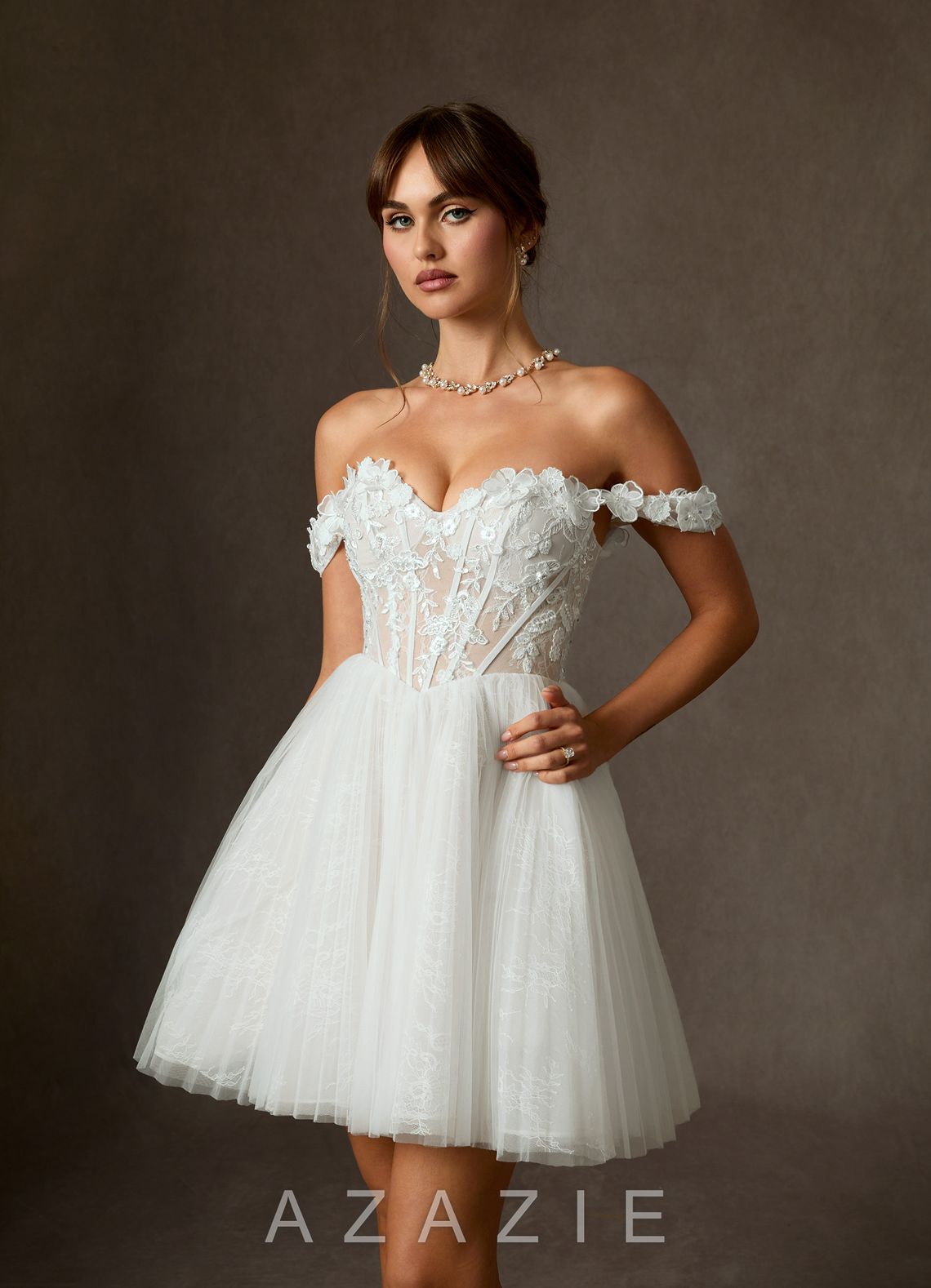 Azazie Sorel Diamond White Ball-Gown Off the Shoulder Lace Dress diamond_white