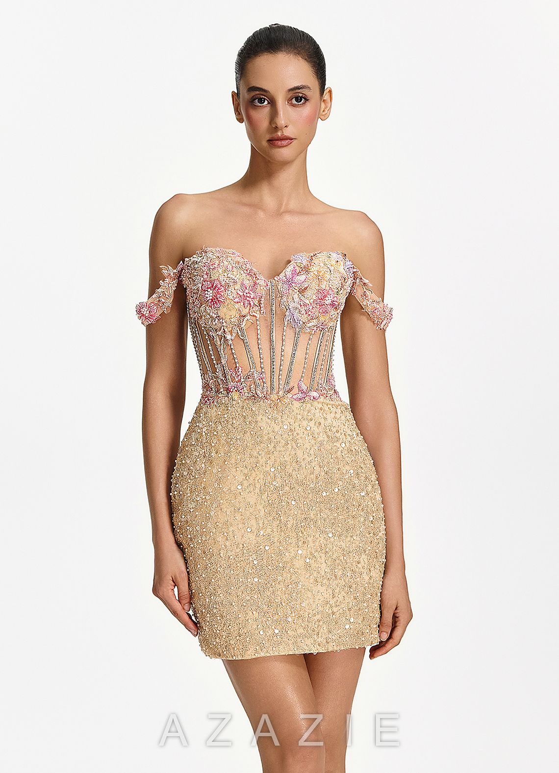 Elowenora Champagne 3D Flower Beading Rhinestone Corset Sequin Embroidery Tulle 