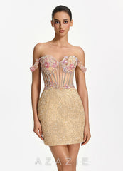 Elowenora Champagne 3D Flower Beading Rhinestone Corset Sequin Embroidery Tulle 