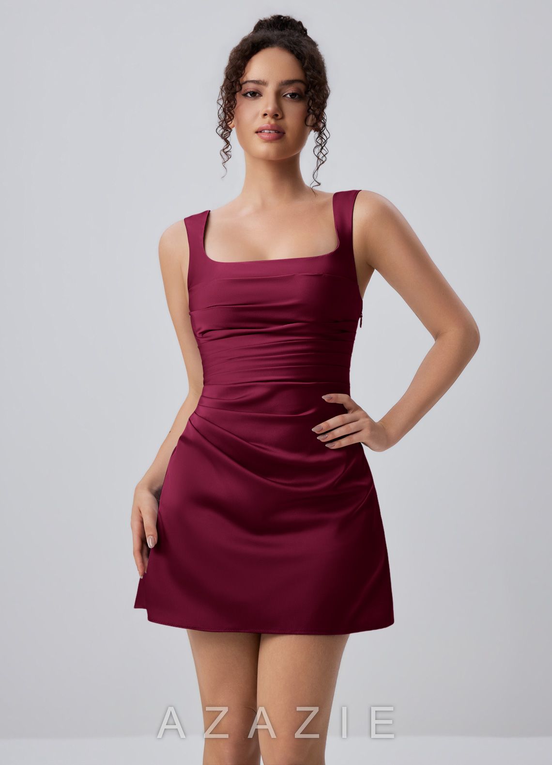 Isabeau Burgundy Satin Ruched Lace-Up Mini Dress