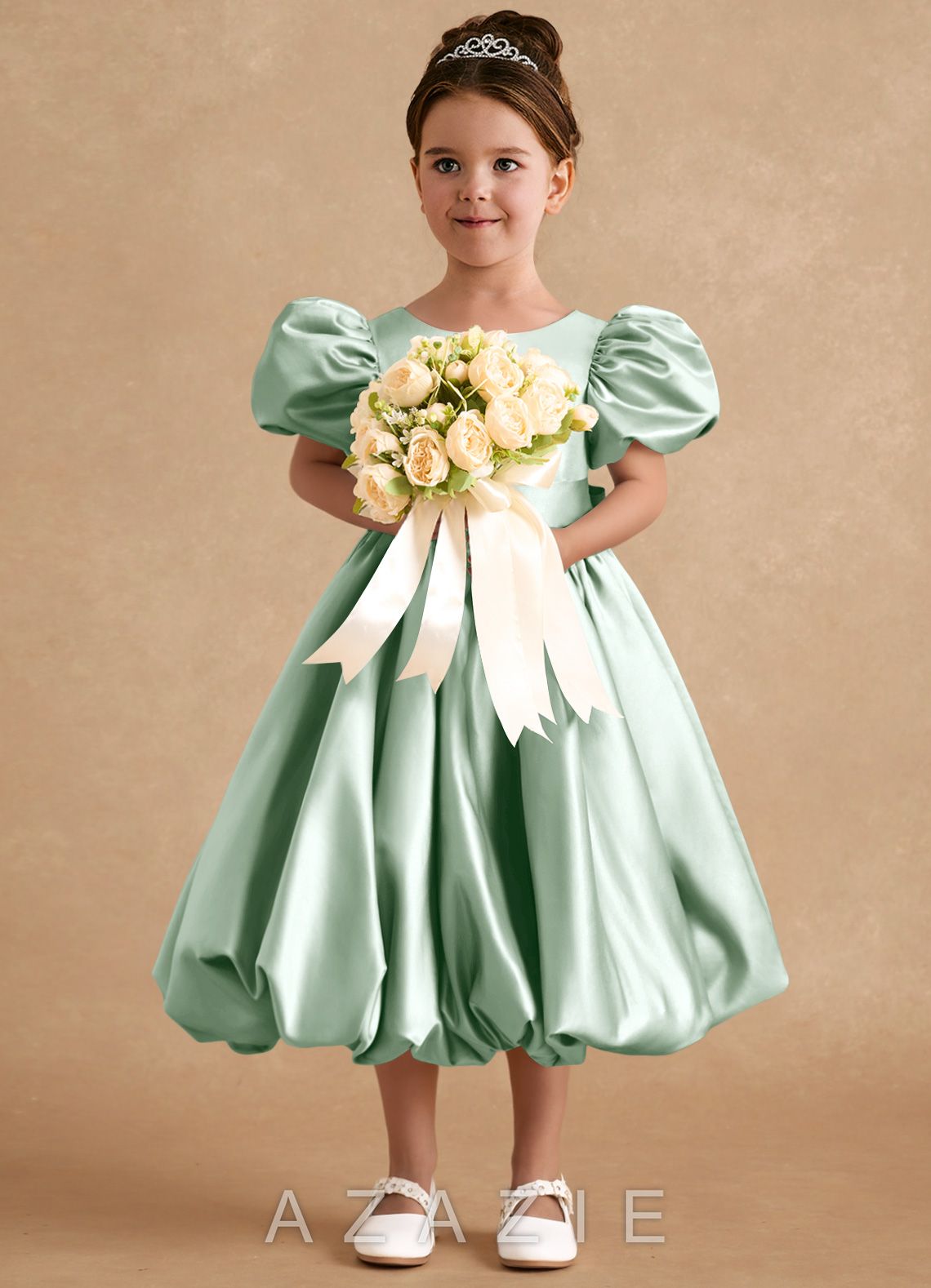 Azazie Jellybean Agave Ball-Gown Ruched Matte Satin Dress agave