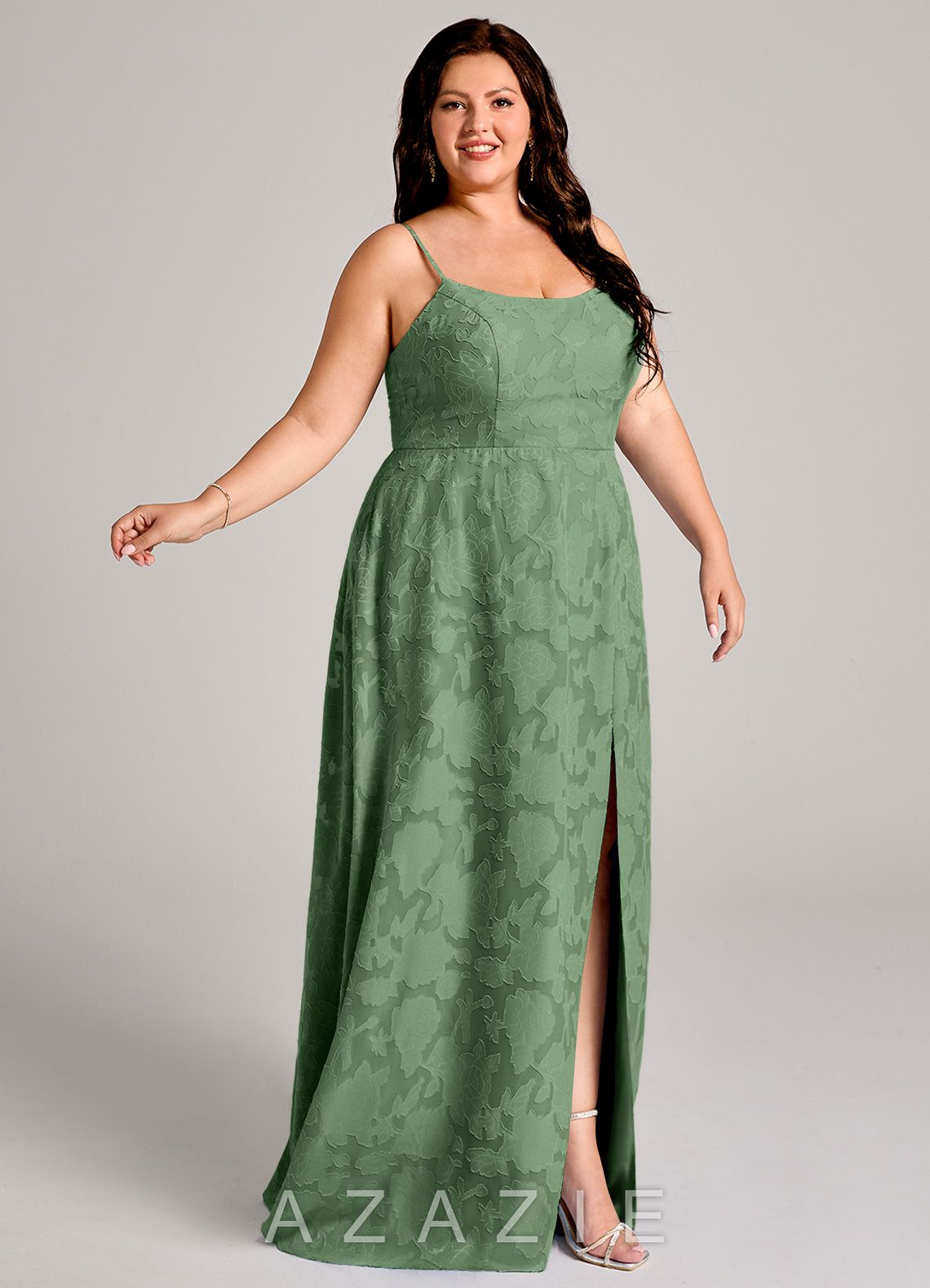 Azazie Moira Eucalyptus A-Line Side Slit Floral Burnout Dress eucalyptus