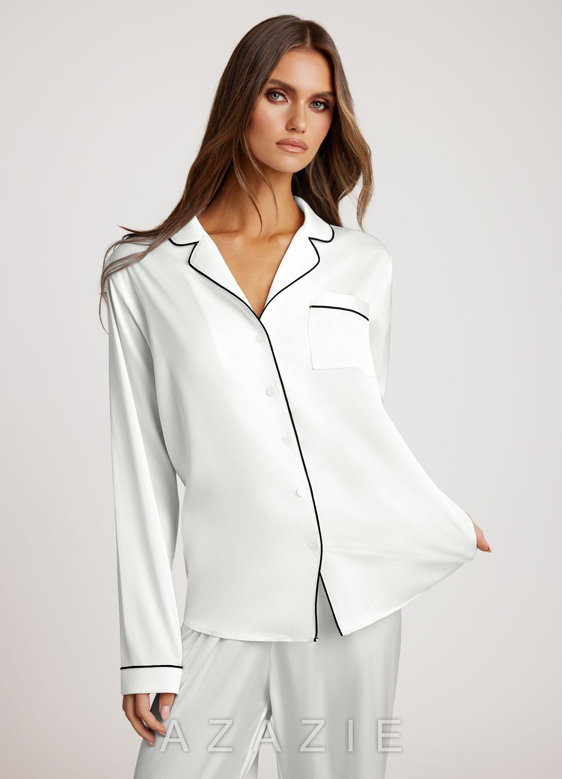Long Sleeves and Pants Satin PJ Set  white