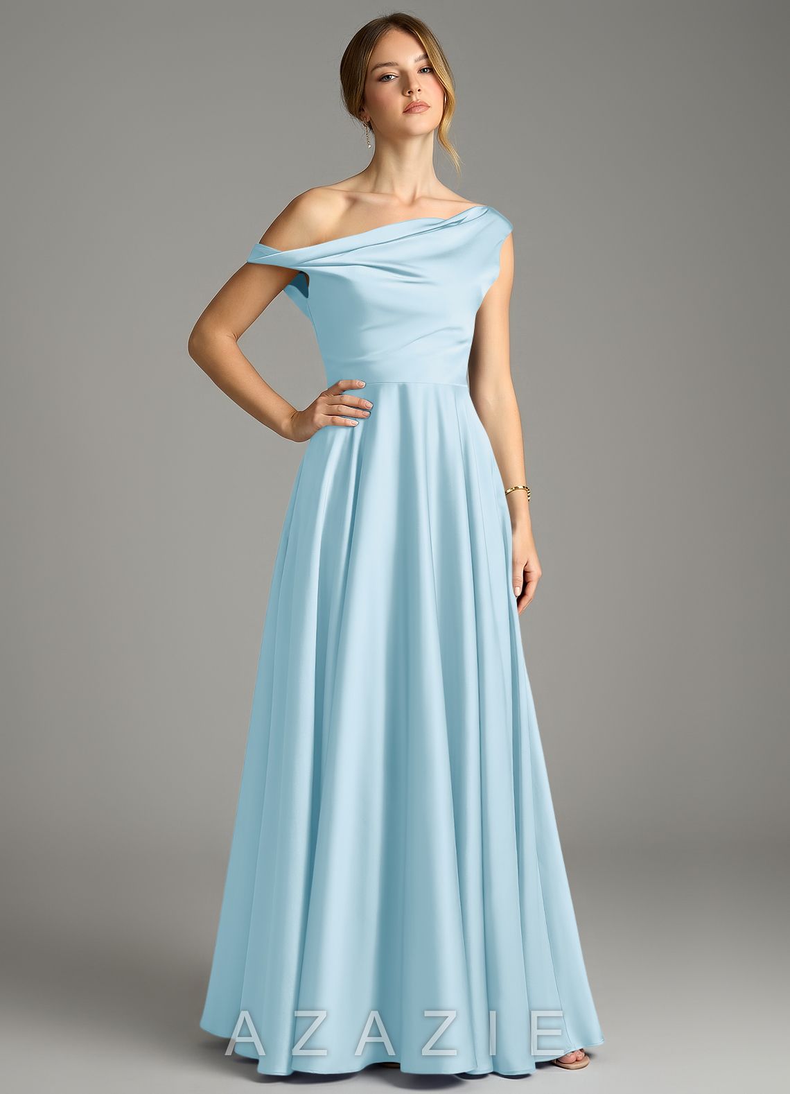 Azazie Xanthe Sky Blue A-Line Off the Shoulder Stretch Satin Dress