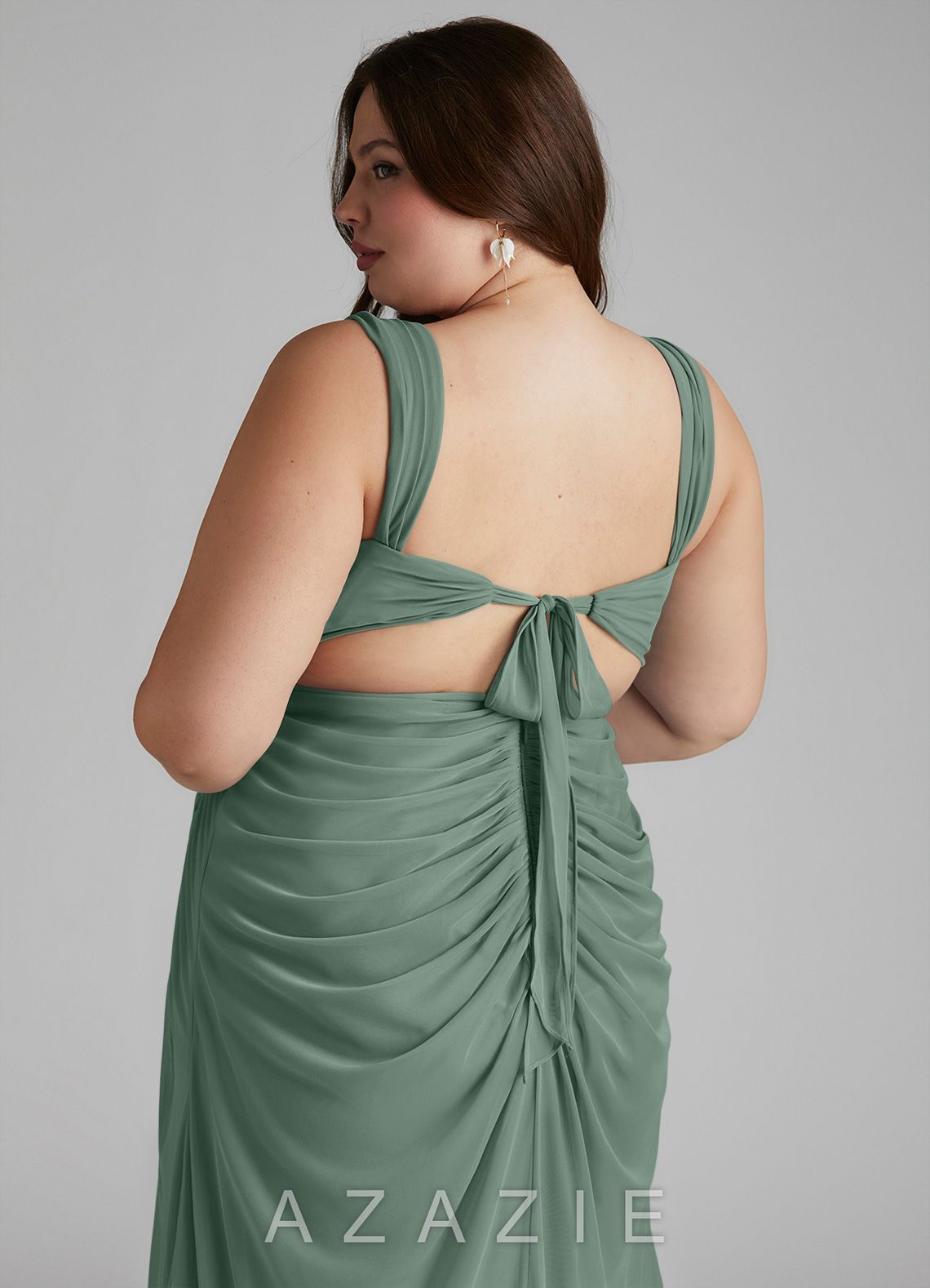 Azazie Jesaphine Eucalyptus Sheath Ruched Mesh Dress eucalyptus