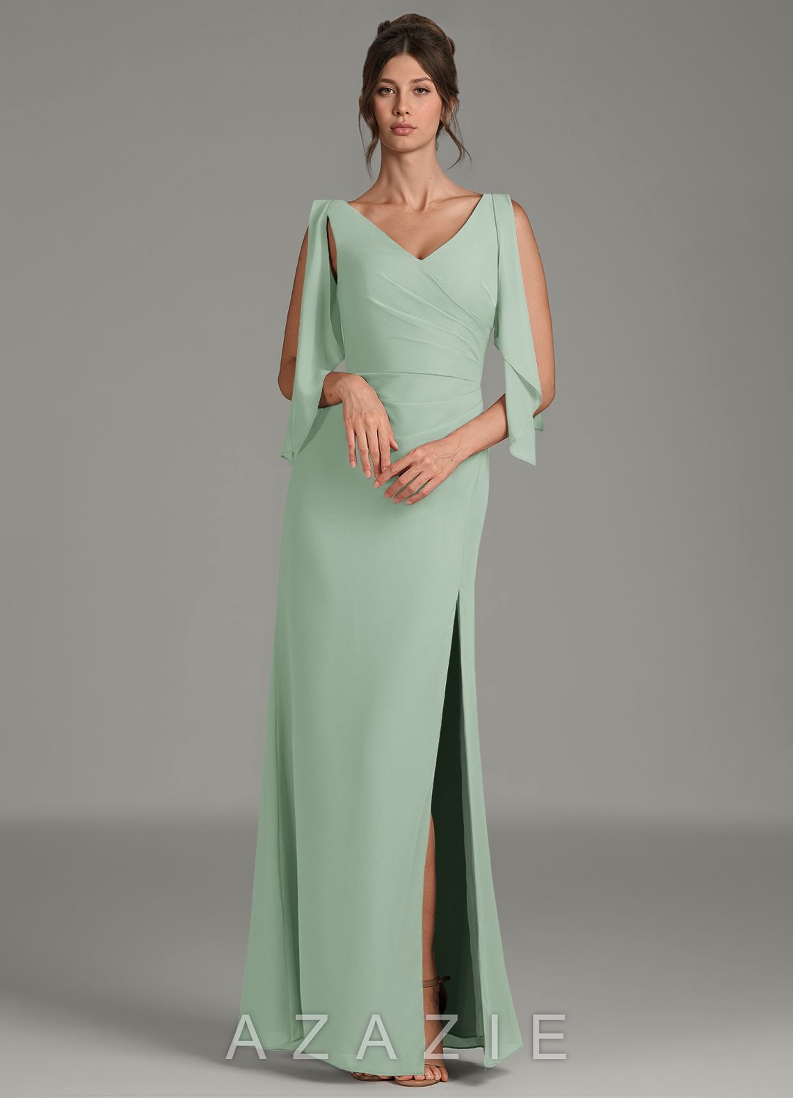 Azazie Kristen Agave Sheath Pleated Chiffon Dress agave