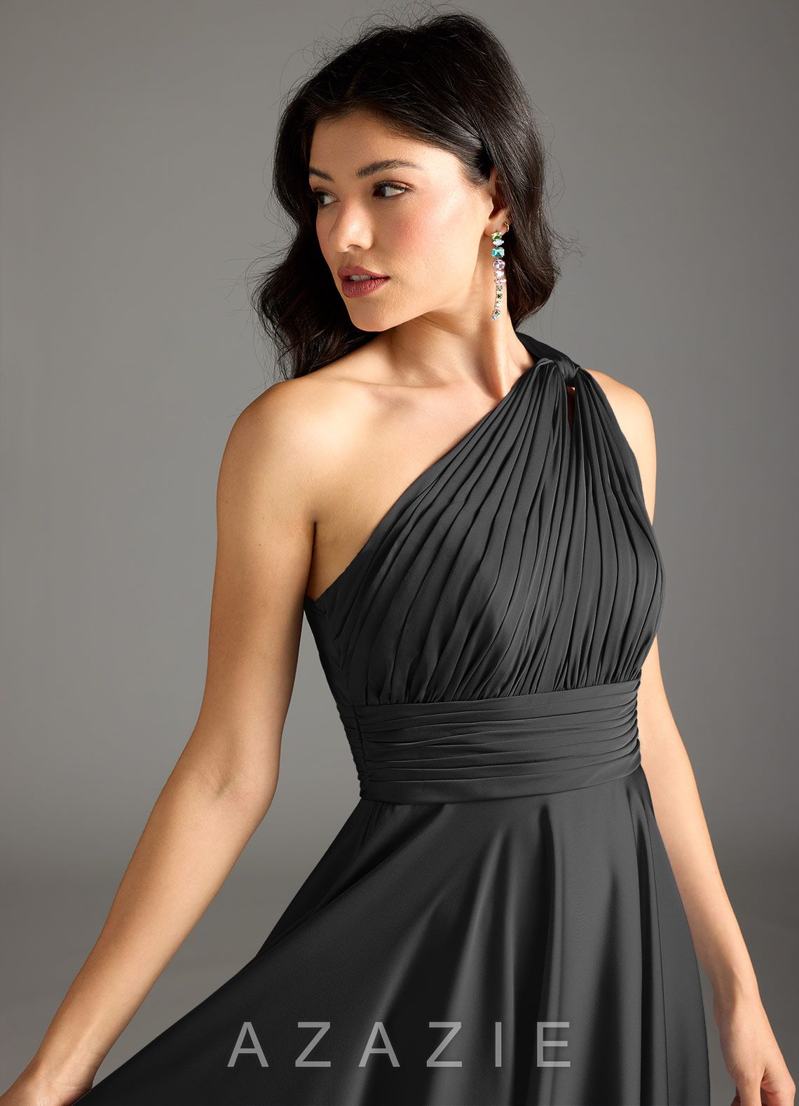 Azazie Charlize Black A-Line One Shoulder Stretch Satin Dress black