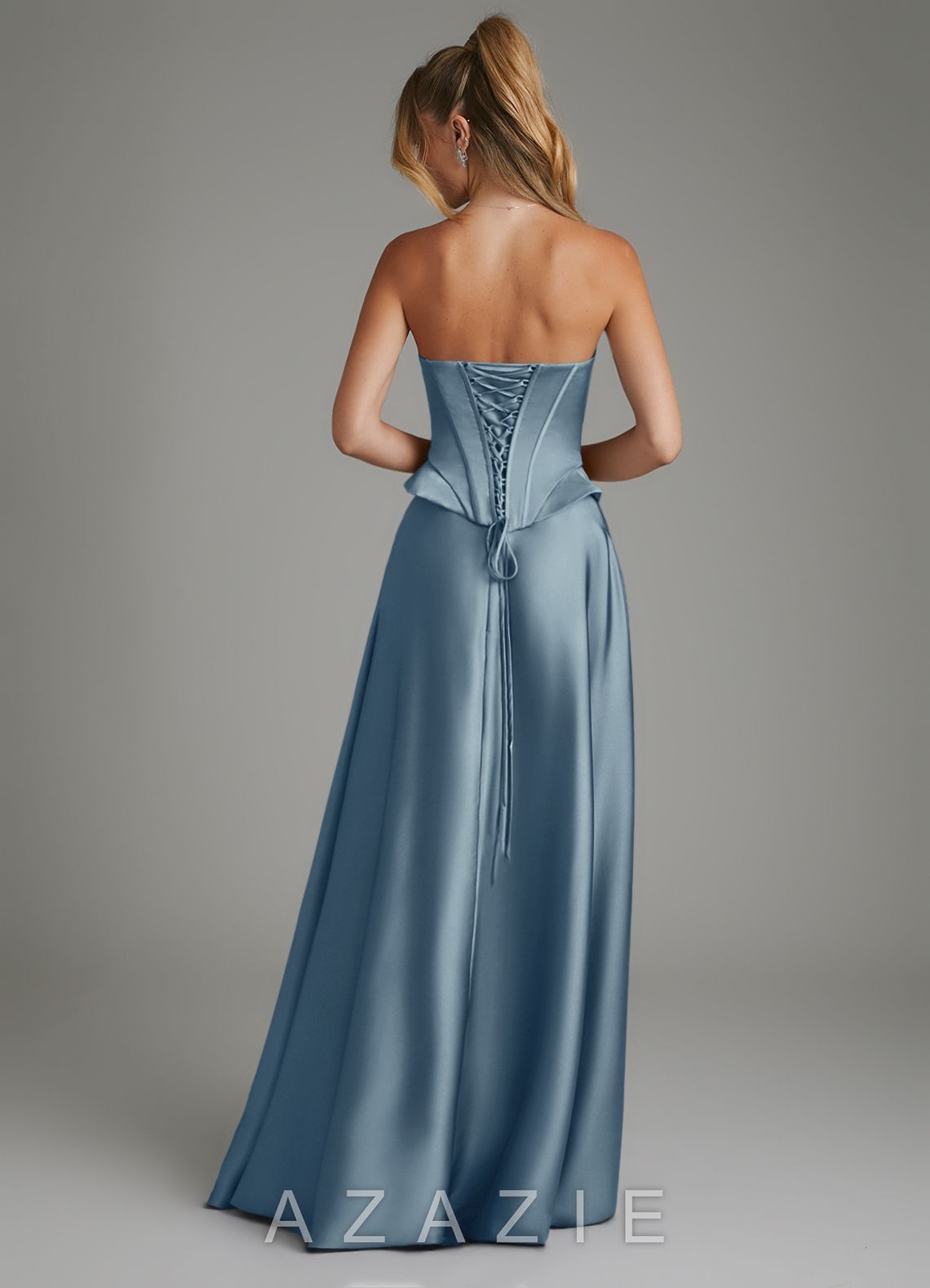 Azazie Amina Dusty Blue A-Line Corset Stretch Satin Dress dusty_blue