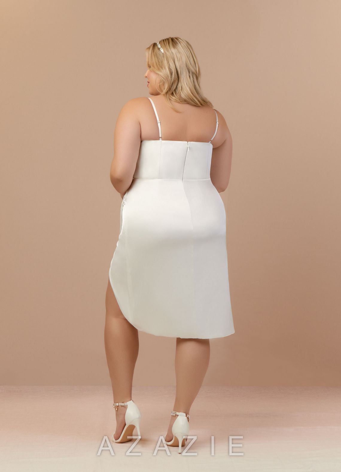 Azazie Katiya Diamond White Sheath Cowl Neckline Pleated Stretch Satin Dress diamond_white