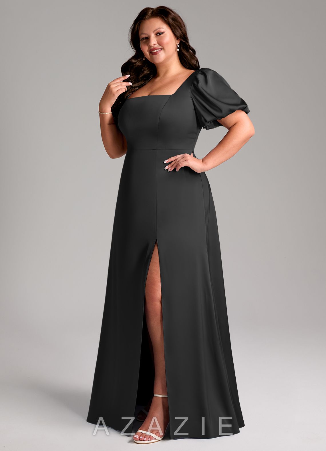 Azazie Fyona Black A-Line Pleated Stretch Satin Dress black
