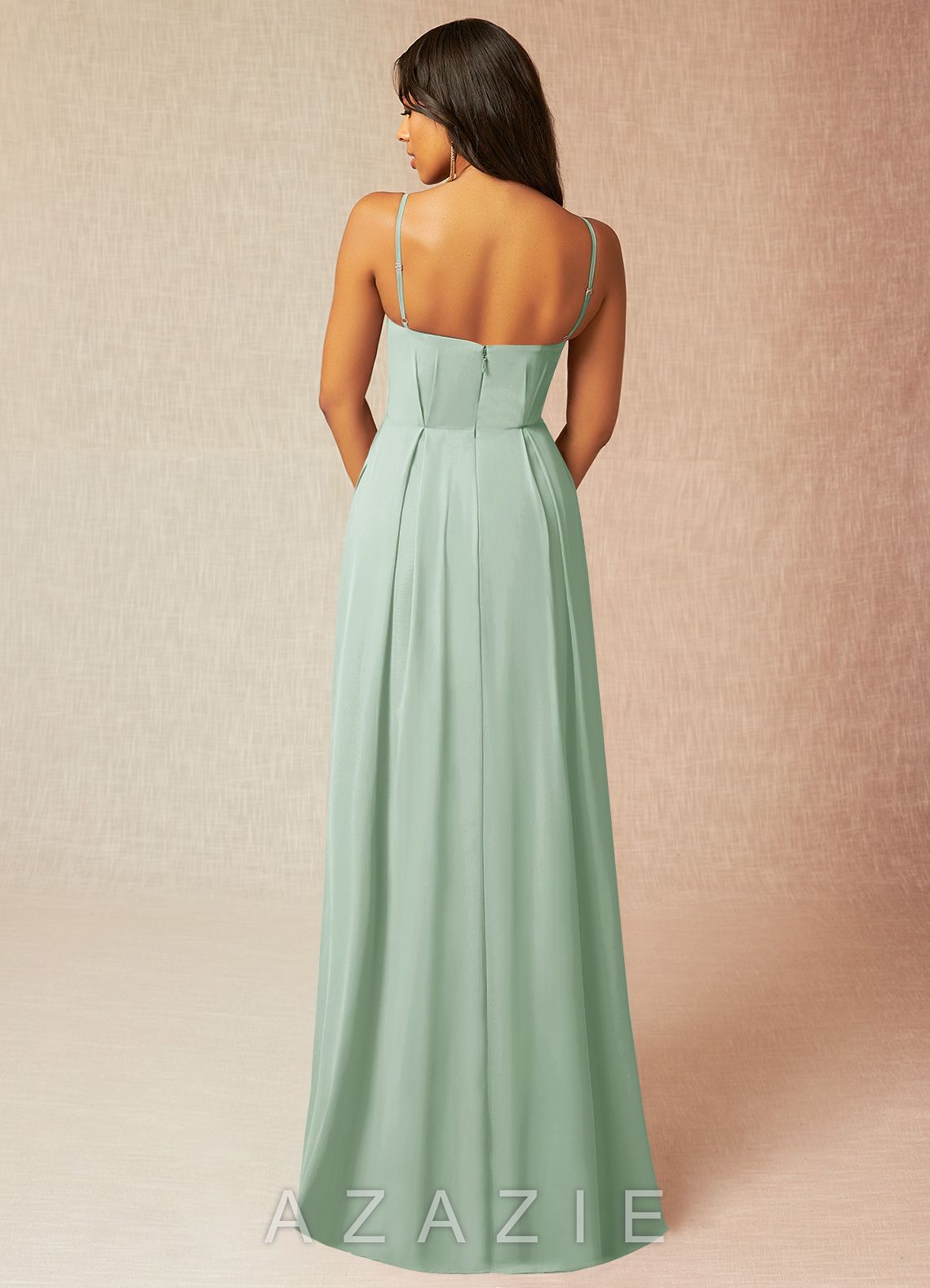 Azazie Kyedae Agave A-Line V-Neck Pleated Chiffon Dress agave