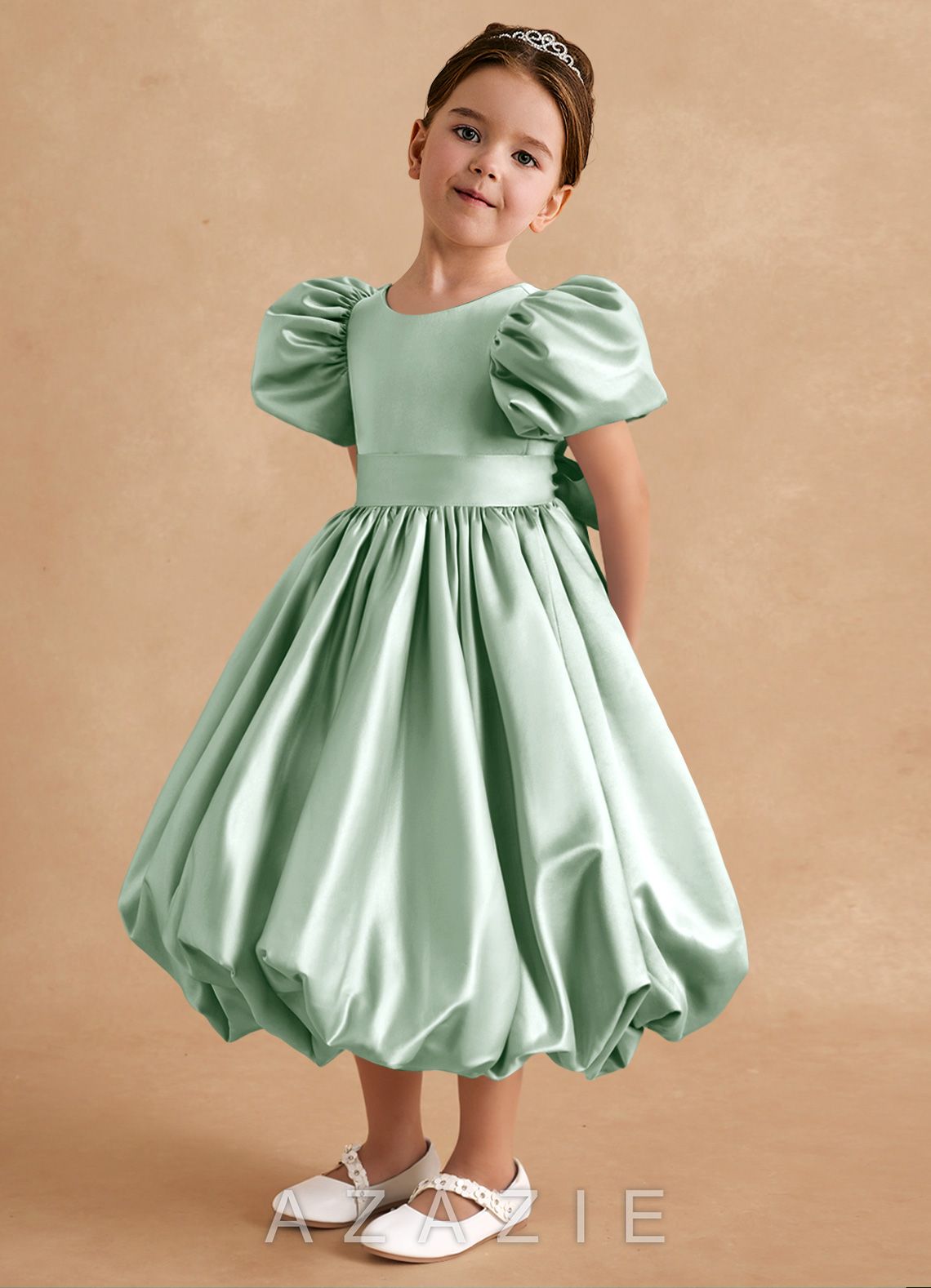 Azazie Jellybean Agave Ball-Gown Ruched Matte Satin Dress agave