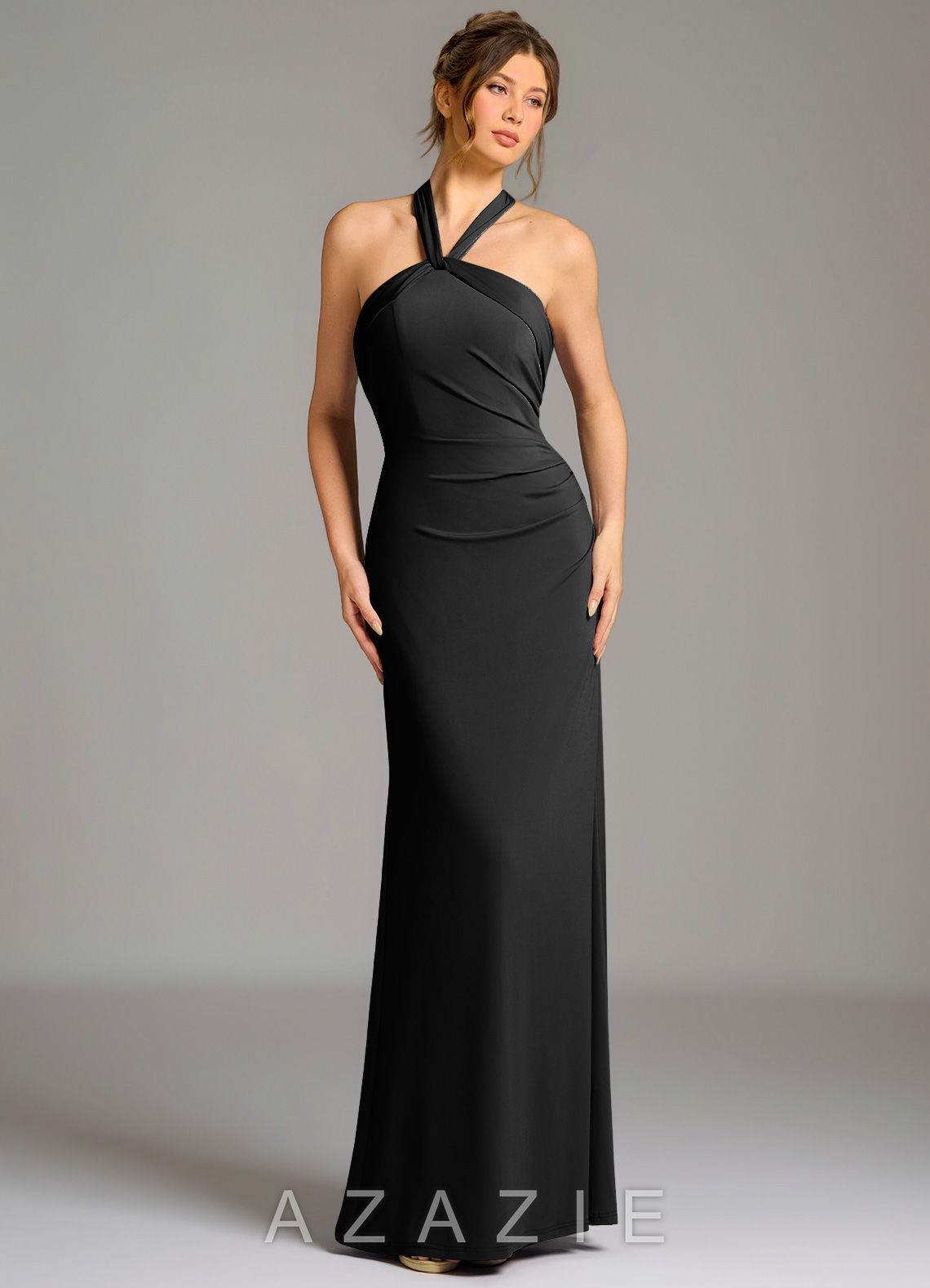 Azazie Valentina Black Mermaid Pleated Premium Stretch Jersey Dress black