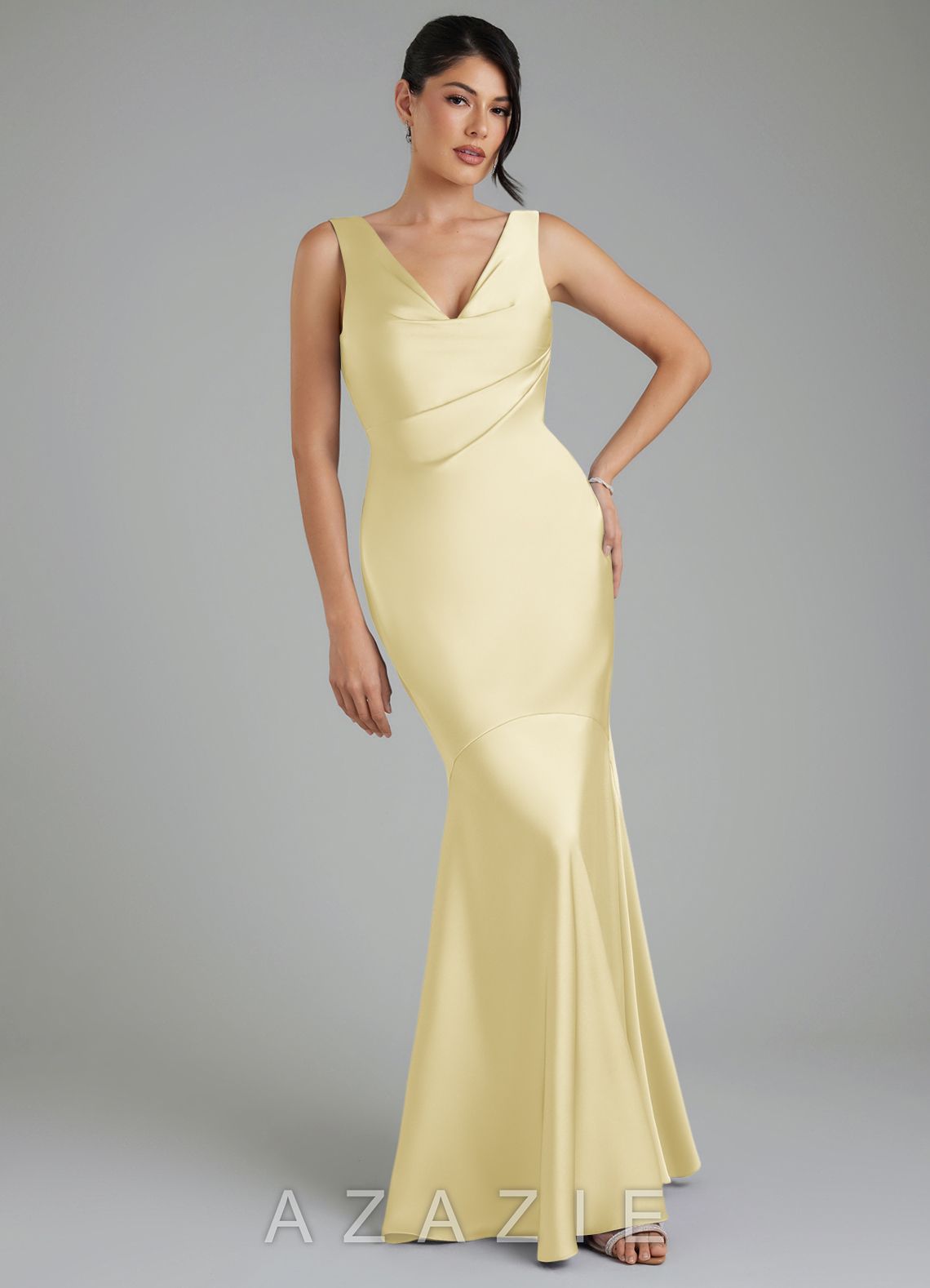 Azazie Monica Lemon Sorbet Mermaid Pleated Stretch Satin Dress