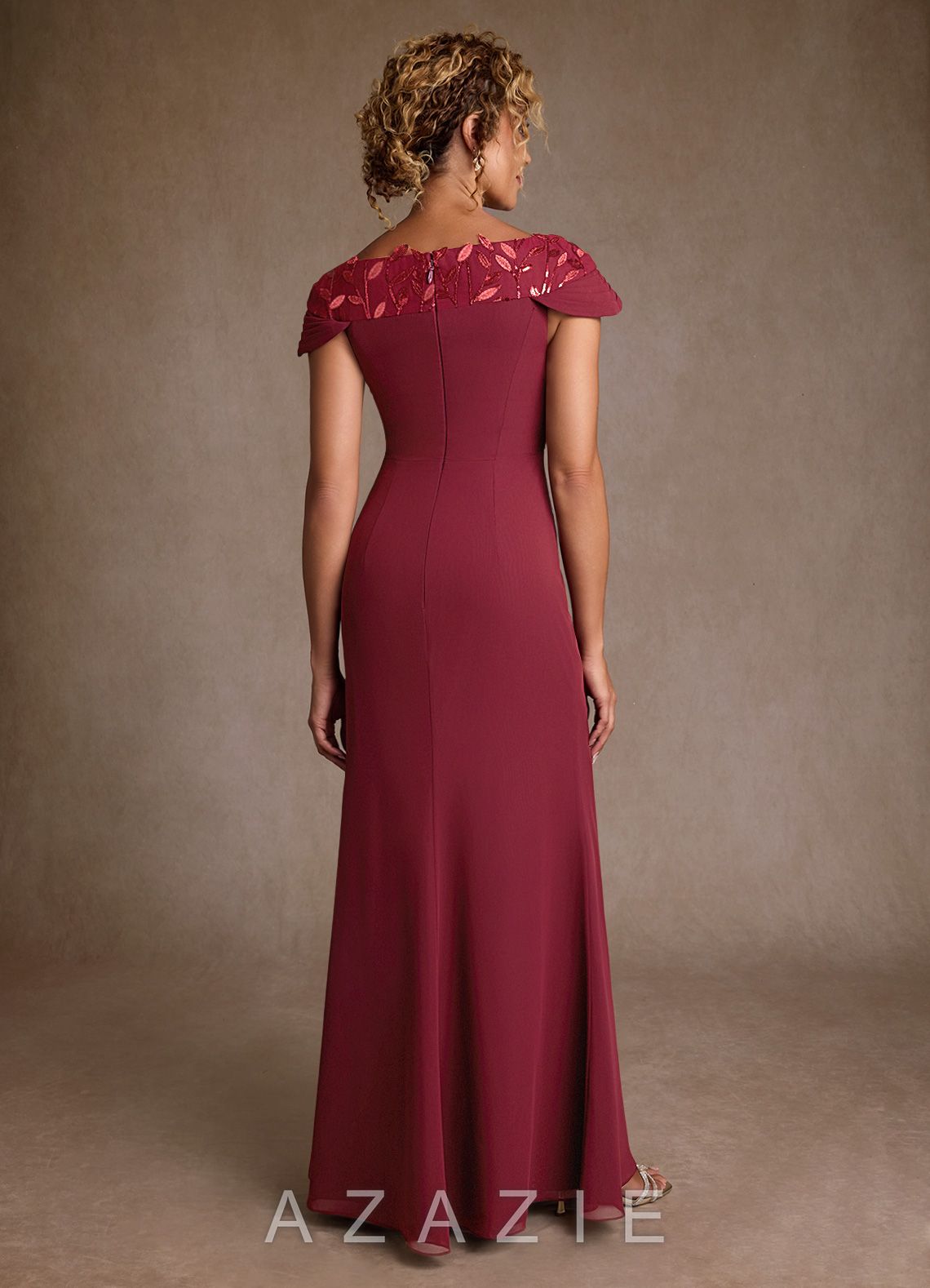 Azazie Betania Burgundy Mermaid Sequins Chiffon Dress burgundy