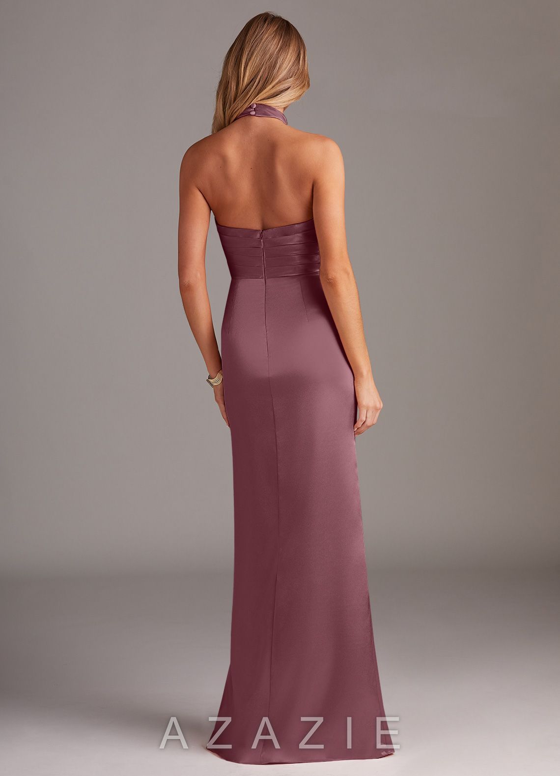 Azazie Jemma Amethyst Sheath Pleated Stretch Satin Dress amethyst
