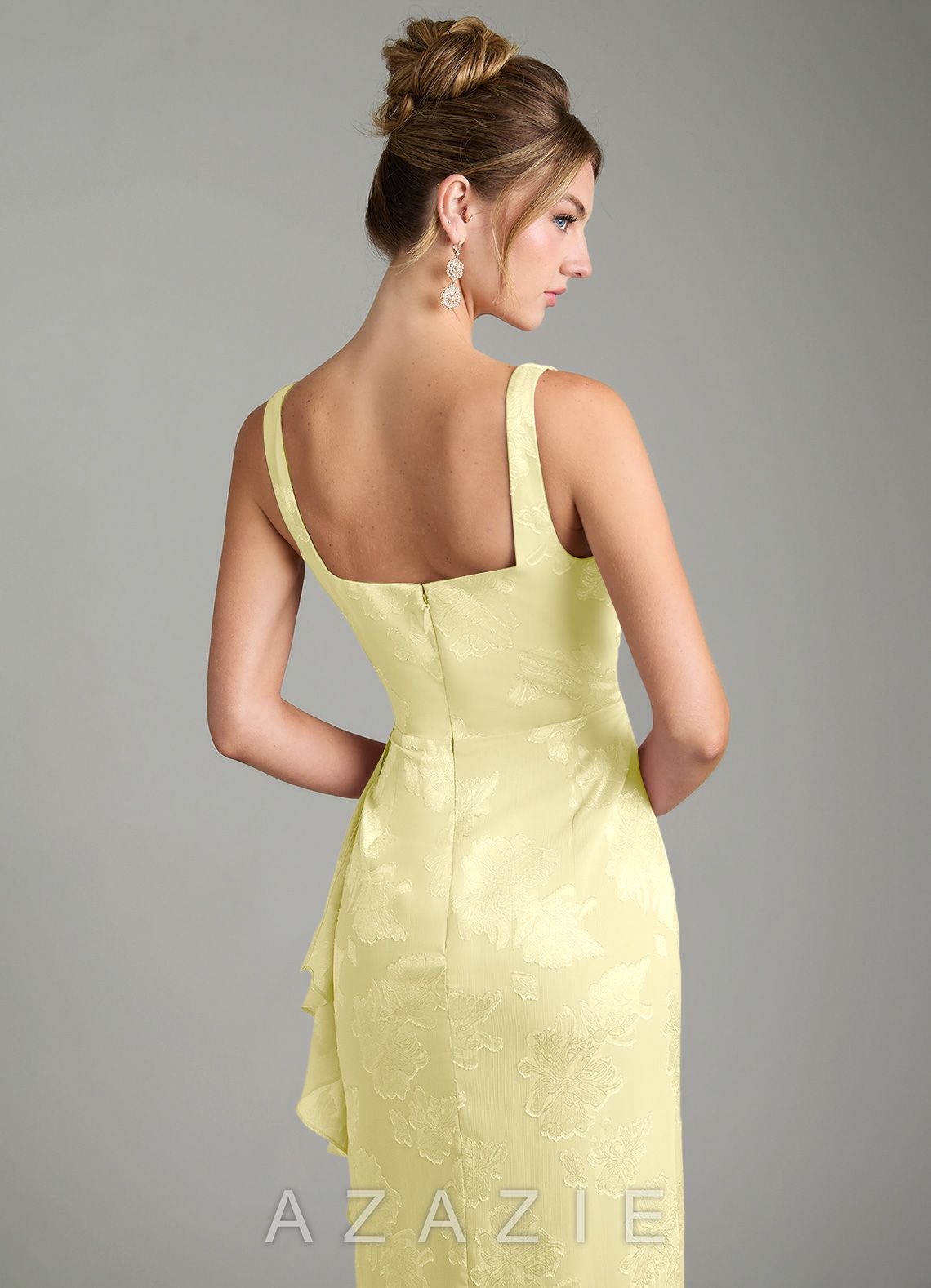 Azazie Veronica Lemon Sorbet Mermaid Pleated Floral Jacquard Burnout Dress lemon_sorbet