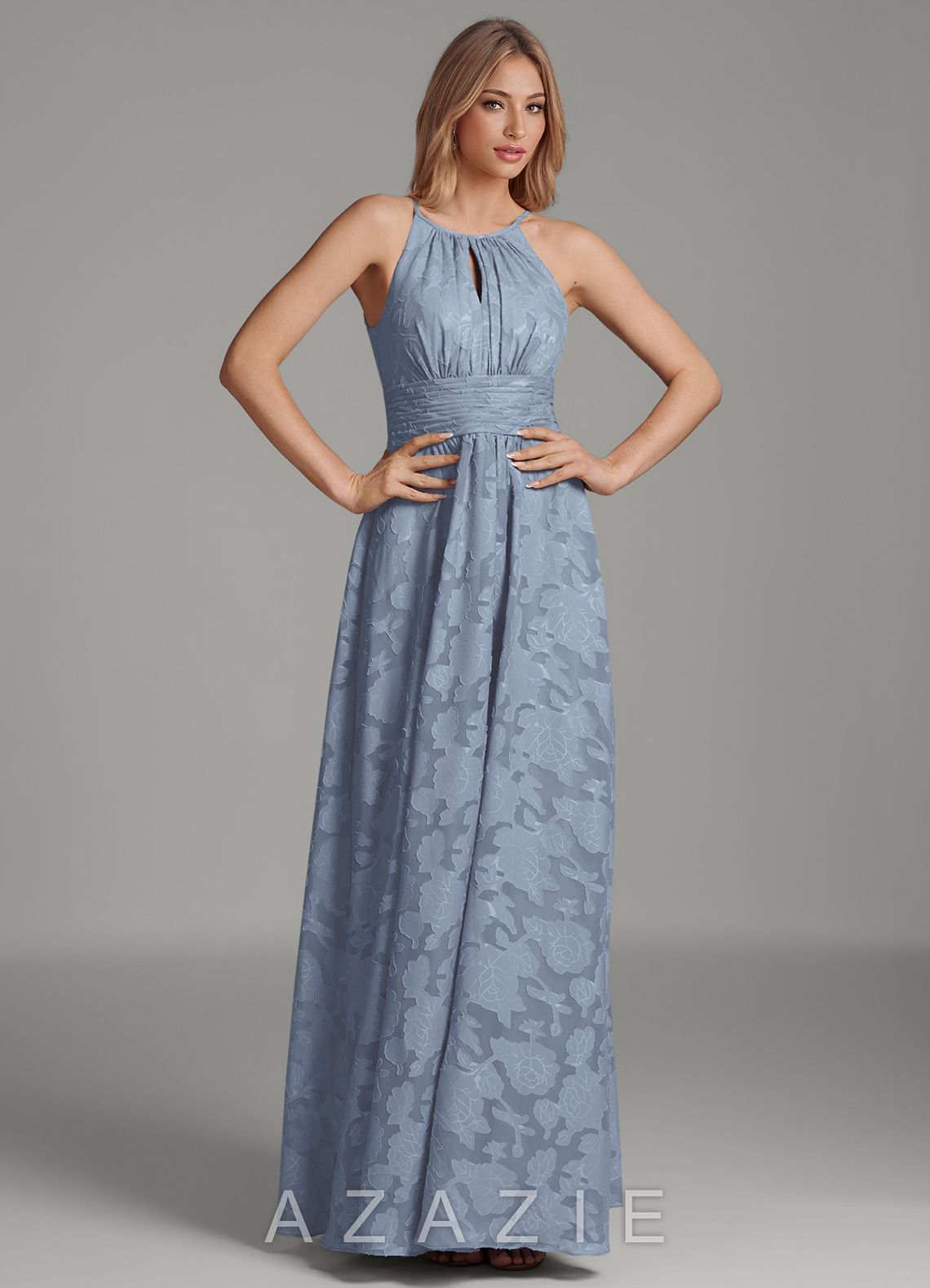 Azazie Bonnie Dusty Blue A-Line Pleated Floral Burnout Dress dusty_blue