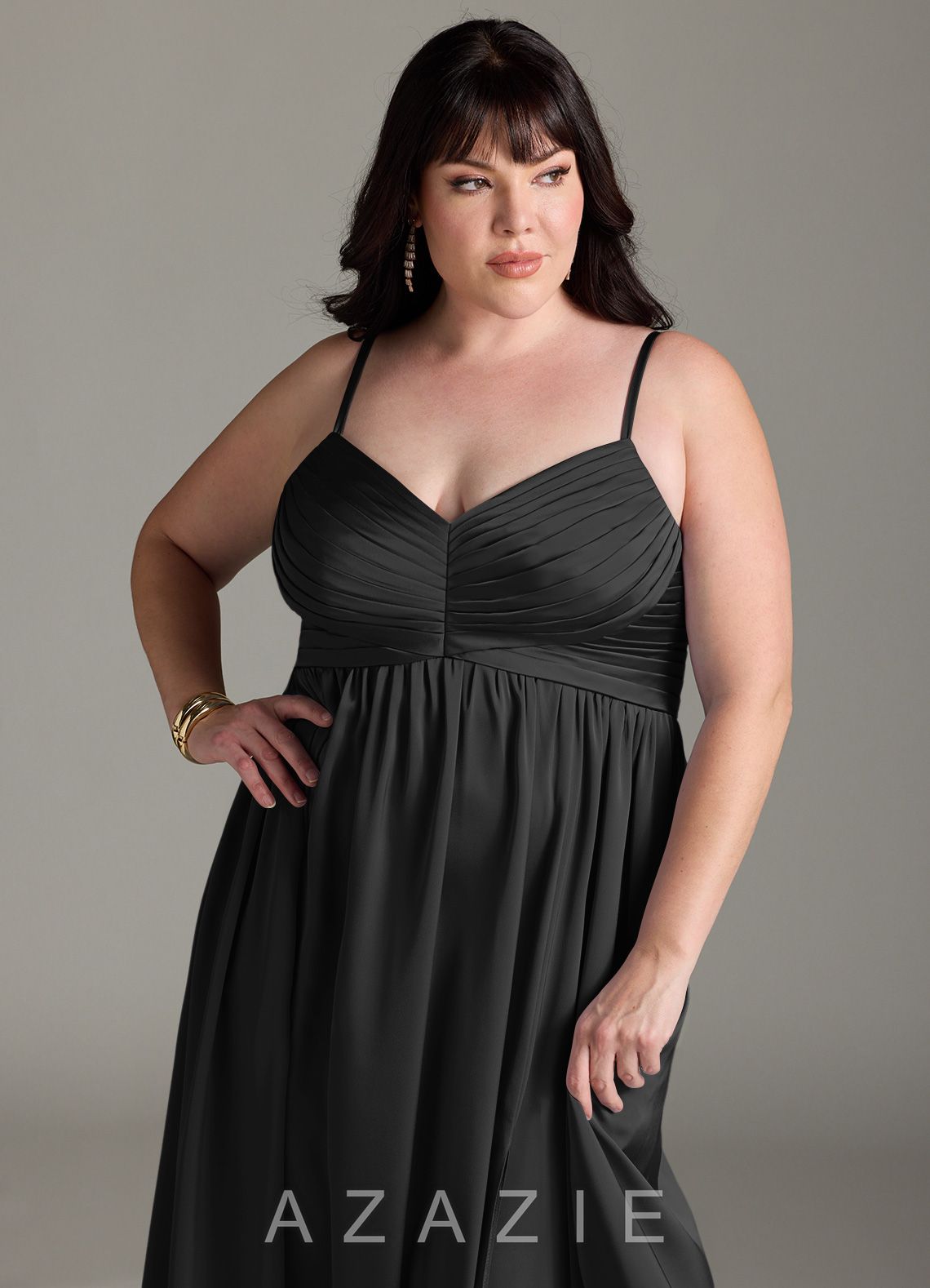Azazie Alia Black A-Line Pleated Stretch Satin Dress black