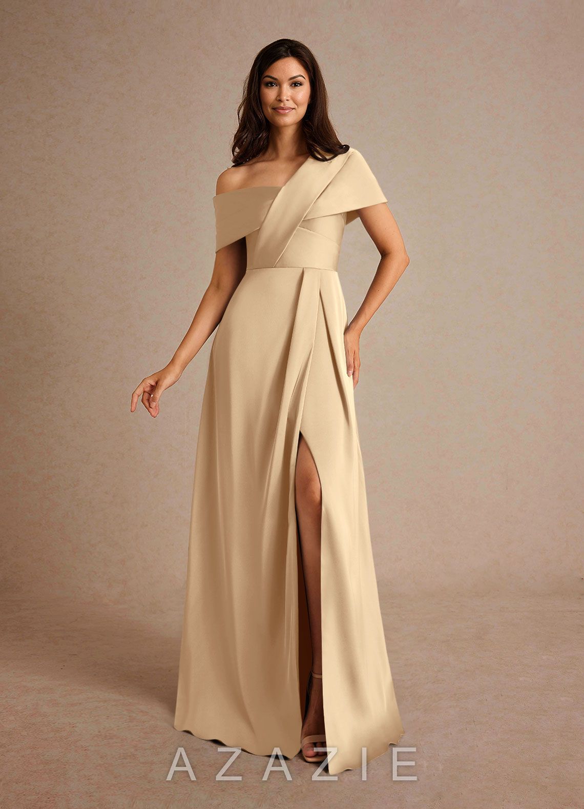 Azazie Milton Champagne A-Line Pleated Stretch Satin Dress