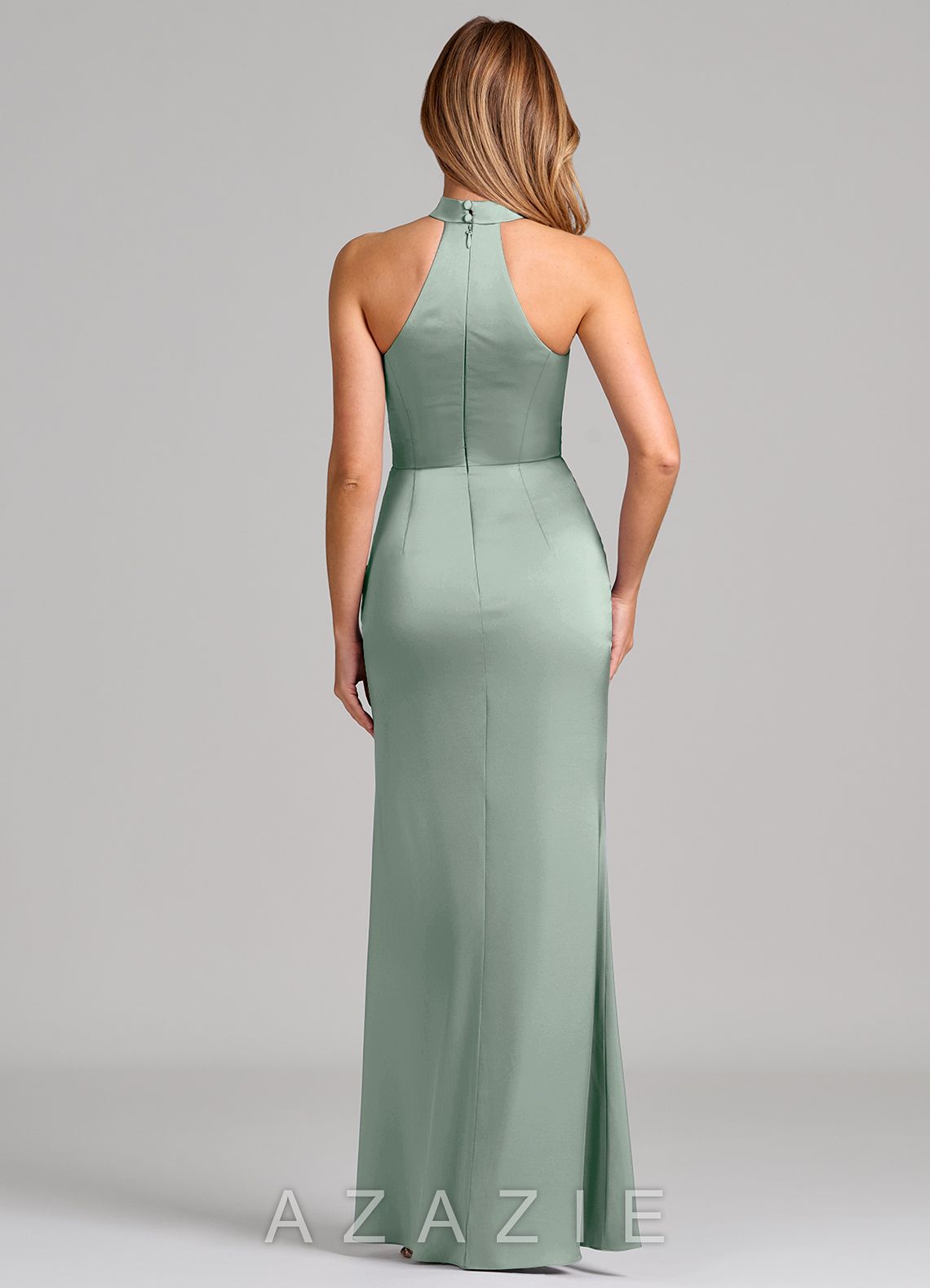 Azazie Karlotta Agave Sheath Pleated Stretch Satin Dress agave