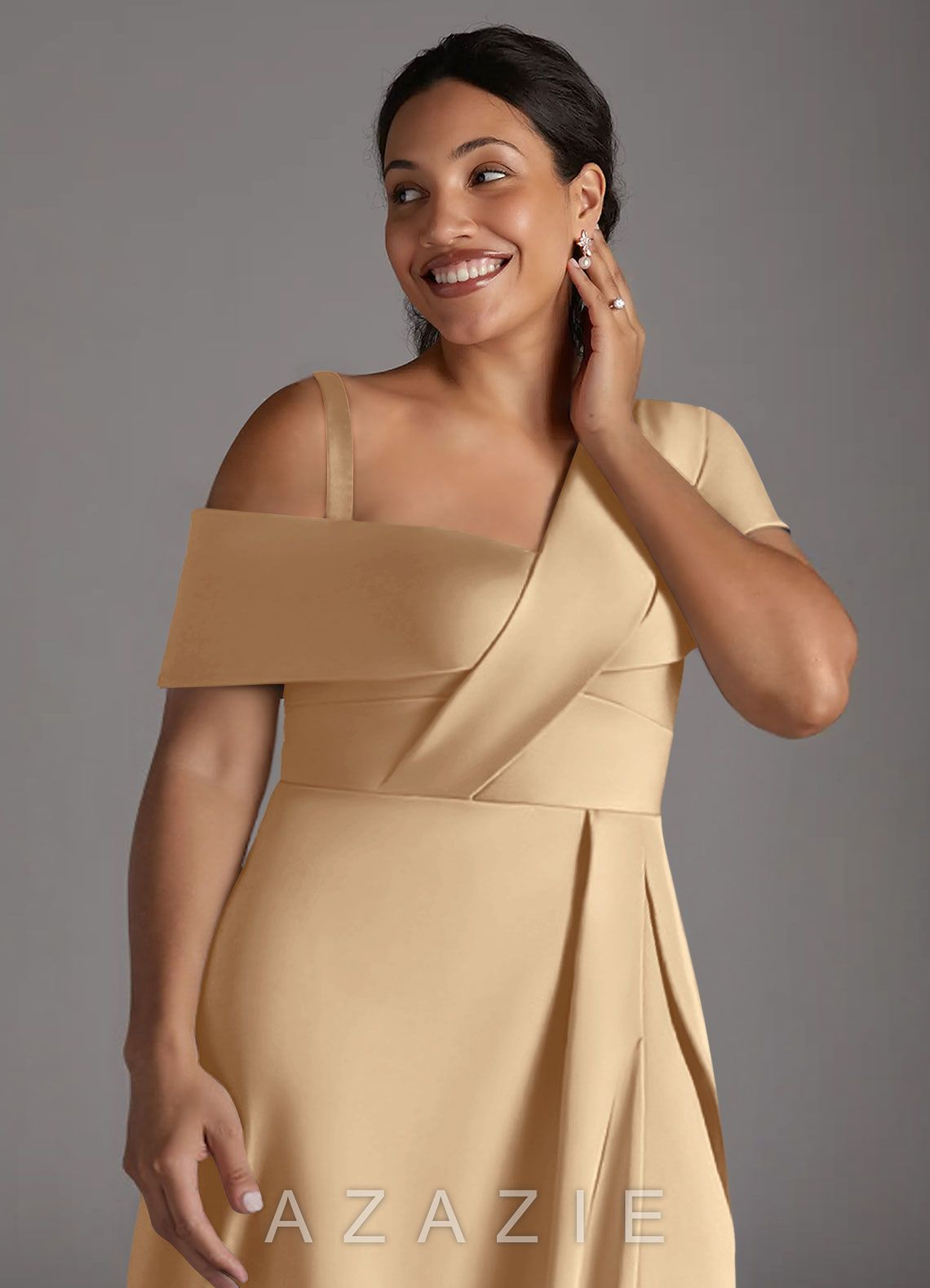 Azazie Milton Champagne A-Line Pleated Stretch Satin Dress champagne