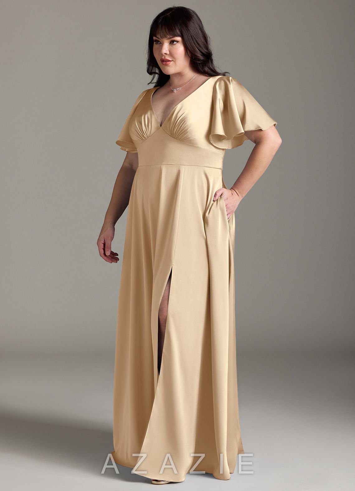 Azazie Kimber Champagne A-Line Ruched Stretch Satin Dress champagne